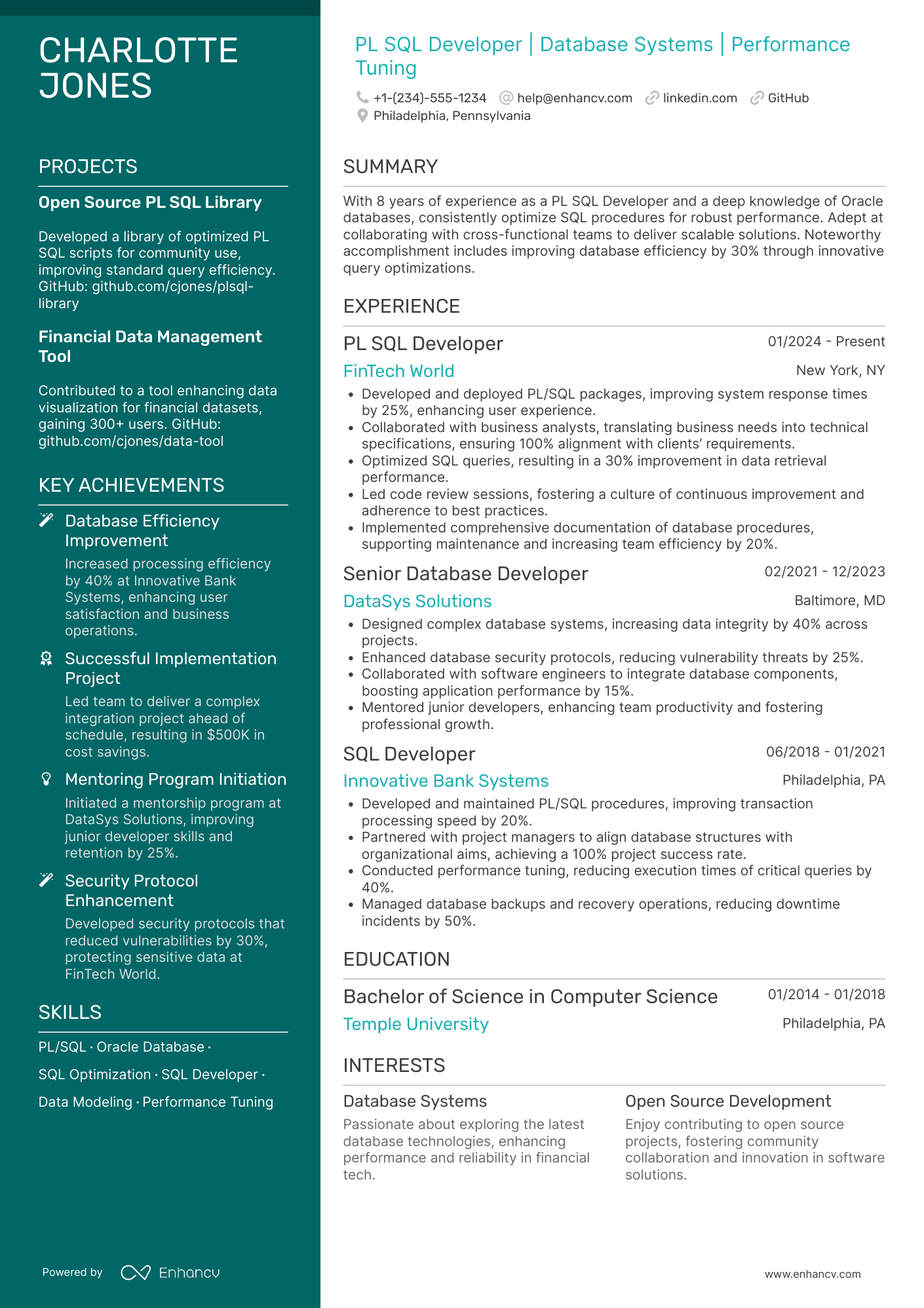 A resume example of a PL SQL Developer