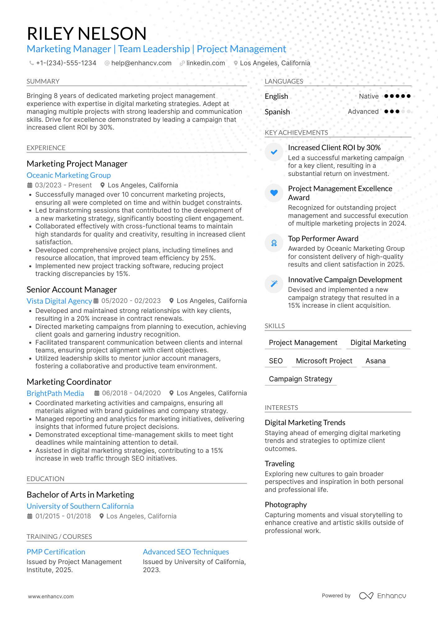A resume example of a Marketing Project Manager