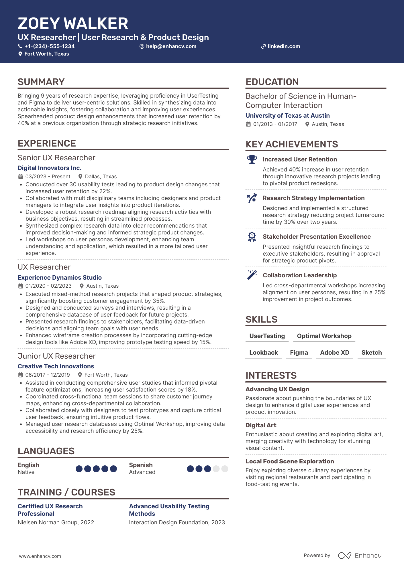 A resume example of a UX Researcher