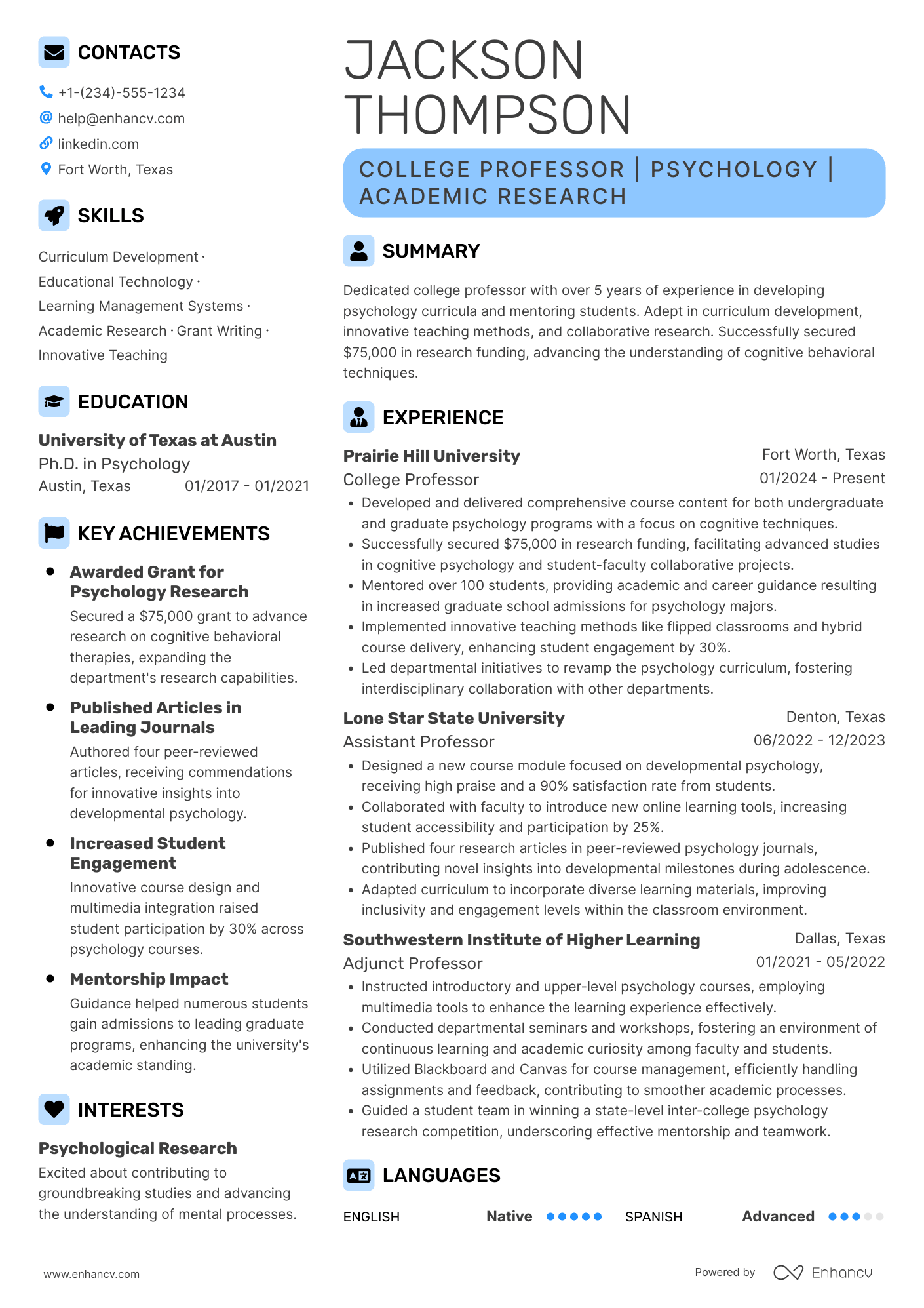 A resume example of a College Professor