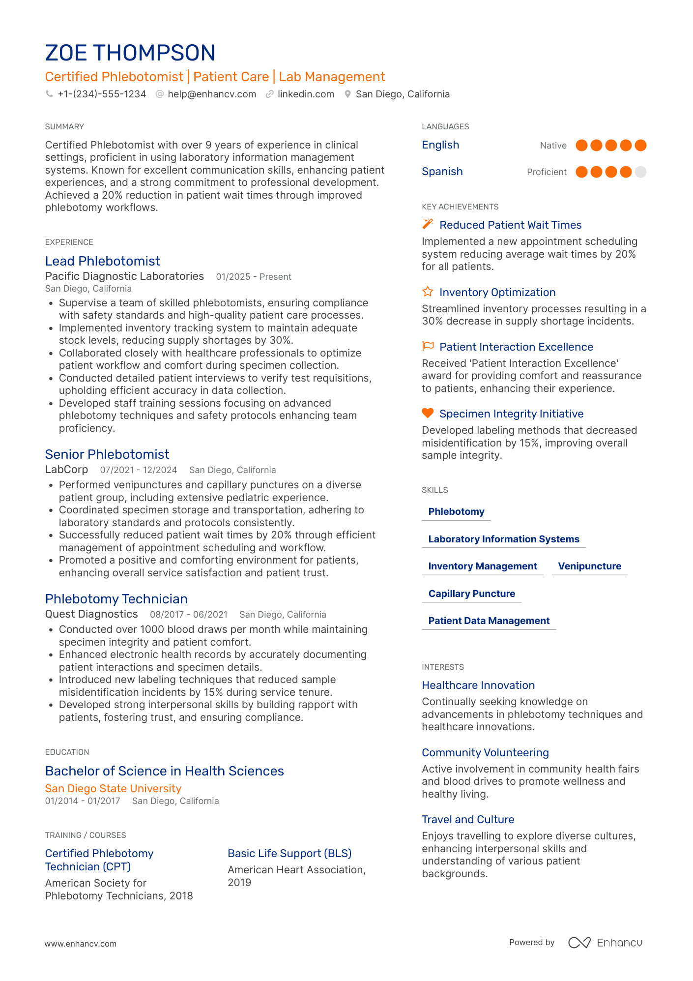 A resume example of a Certified Phlebotomist