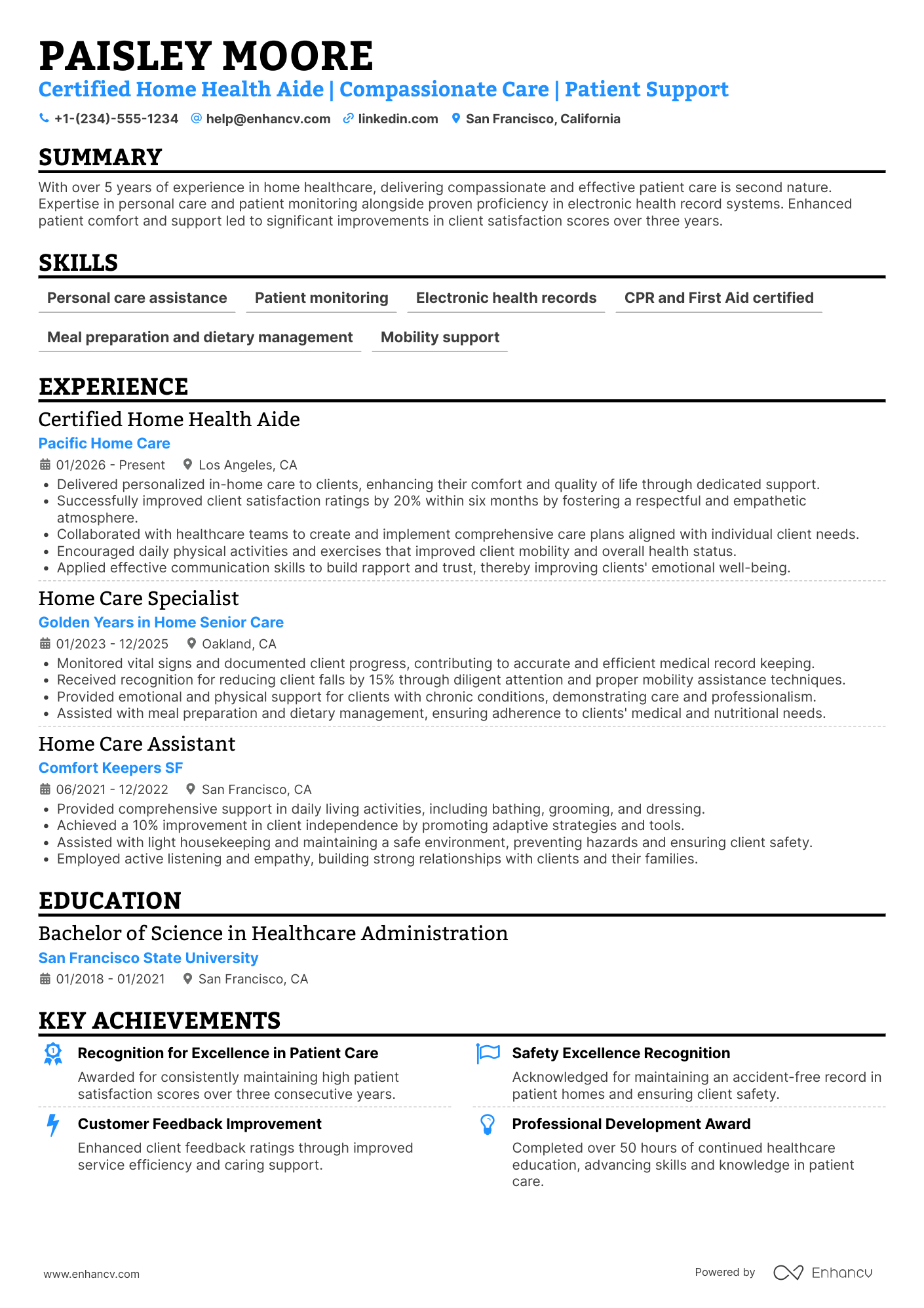 A resume example of a Home Health Aide