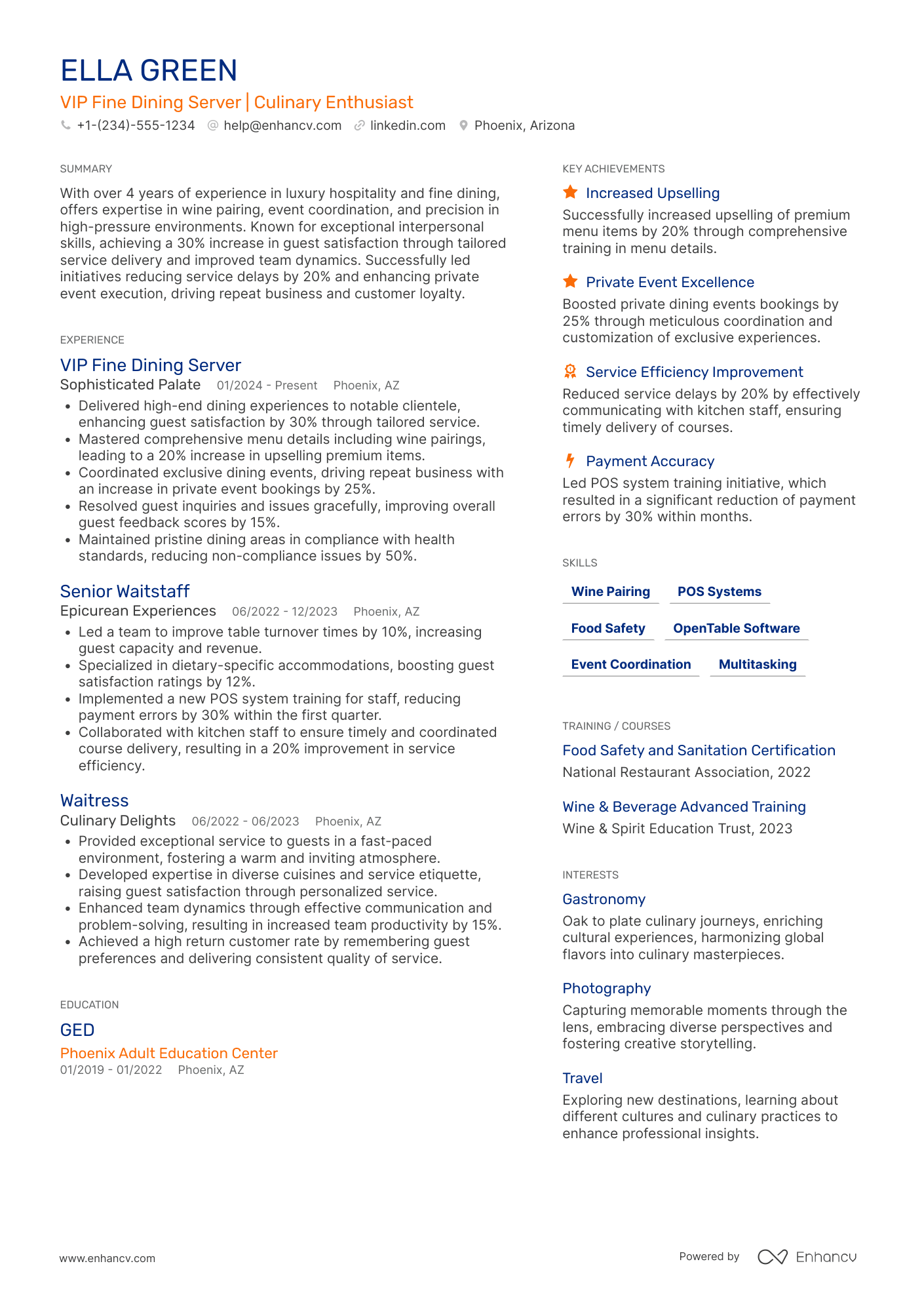 A resume example of a VIP Fine Dining Server