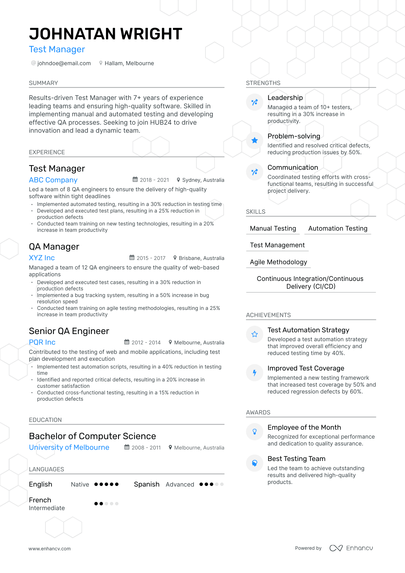Modern Test Manager Resume Template
