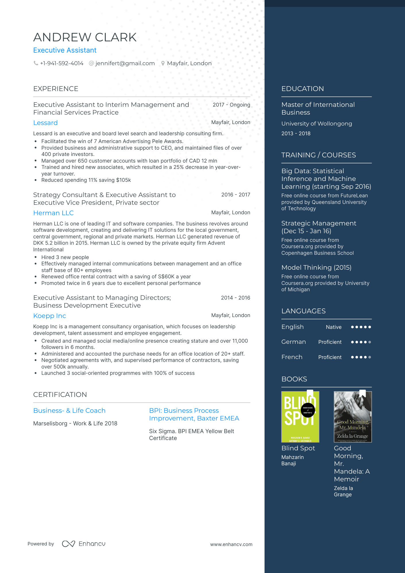 One Page Executive Assistant Resume Template