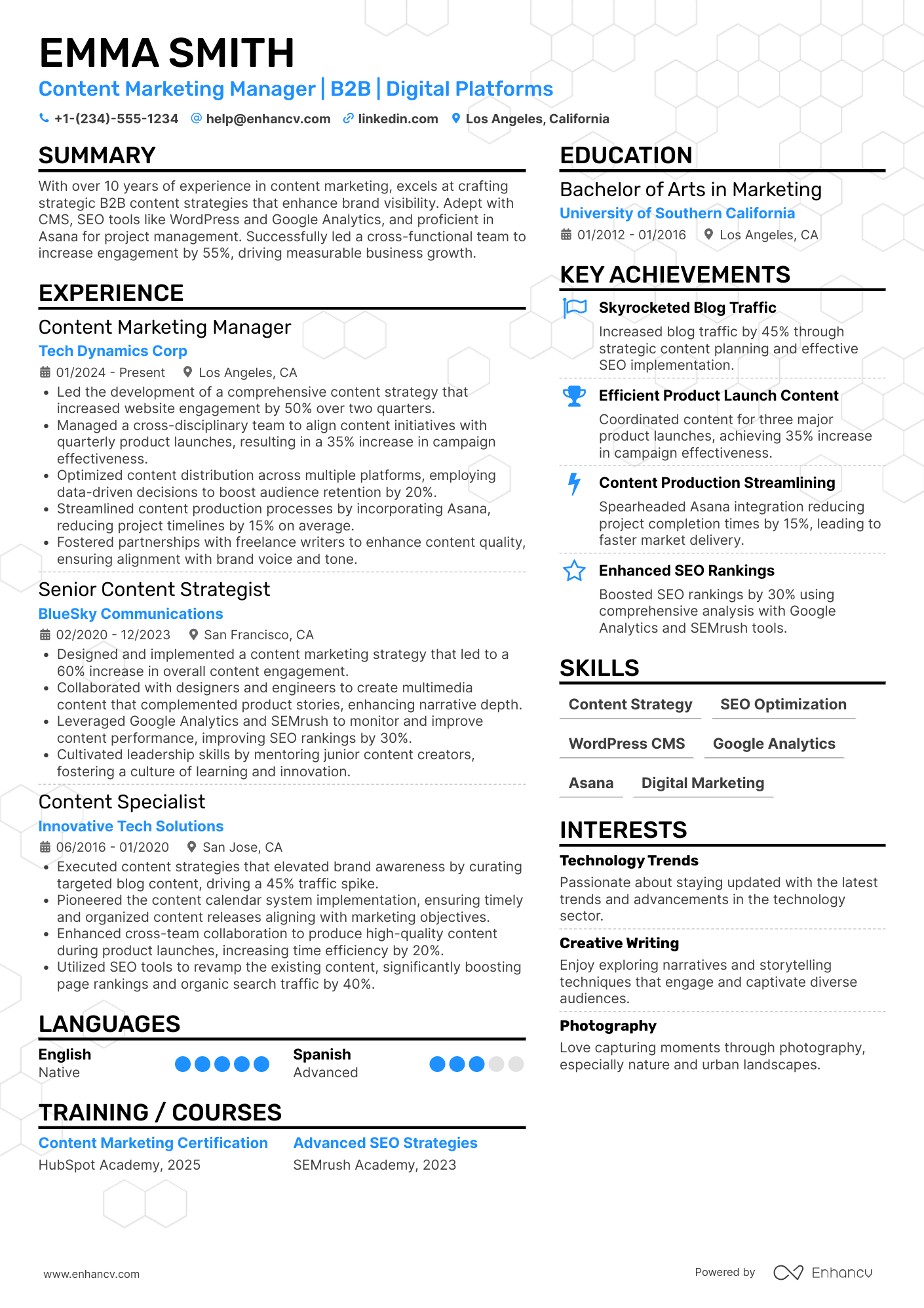 A resume example of a Content Marketing Manager