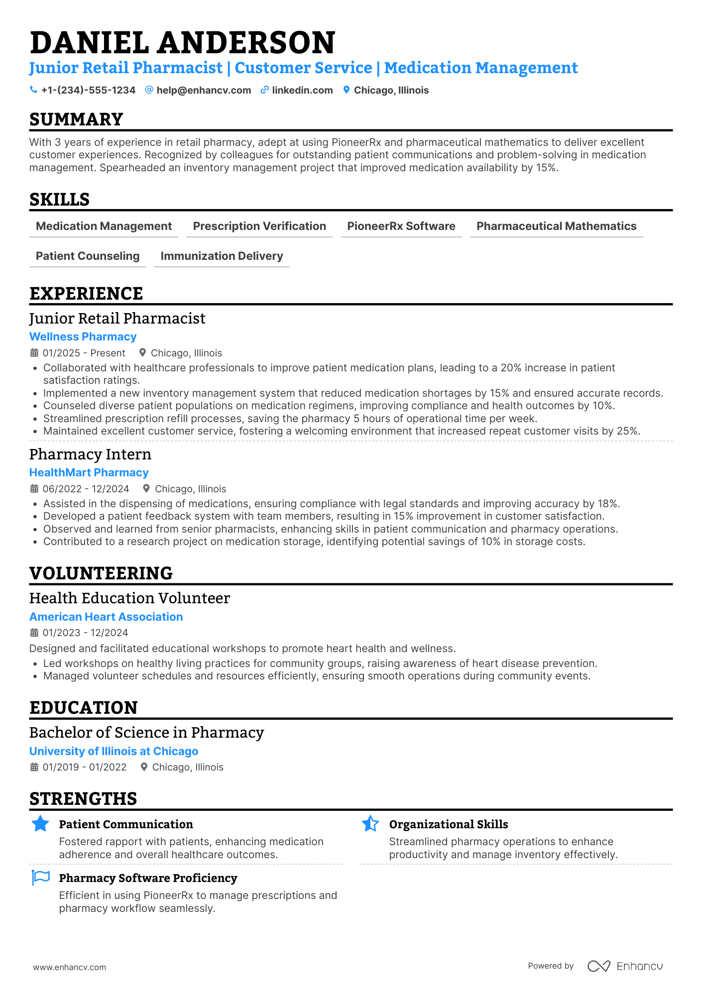 A resume example of a Junior Retail Pharmacist