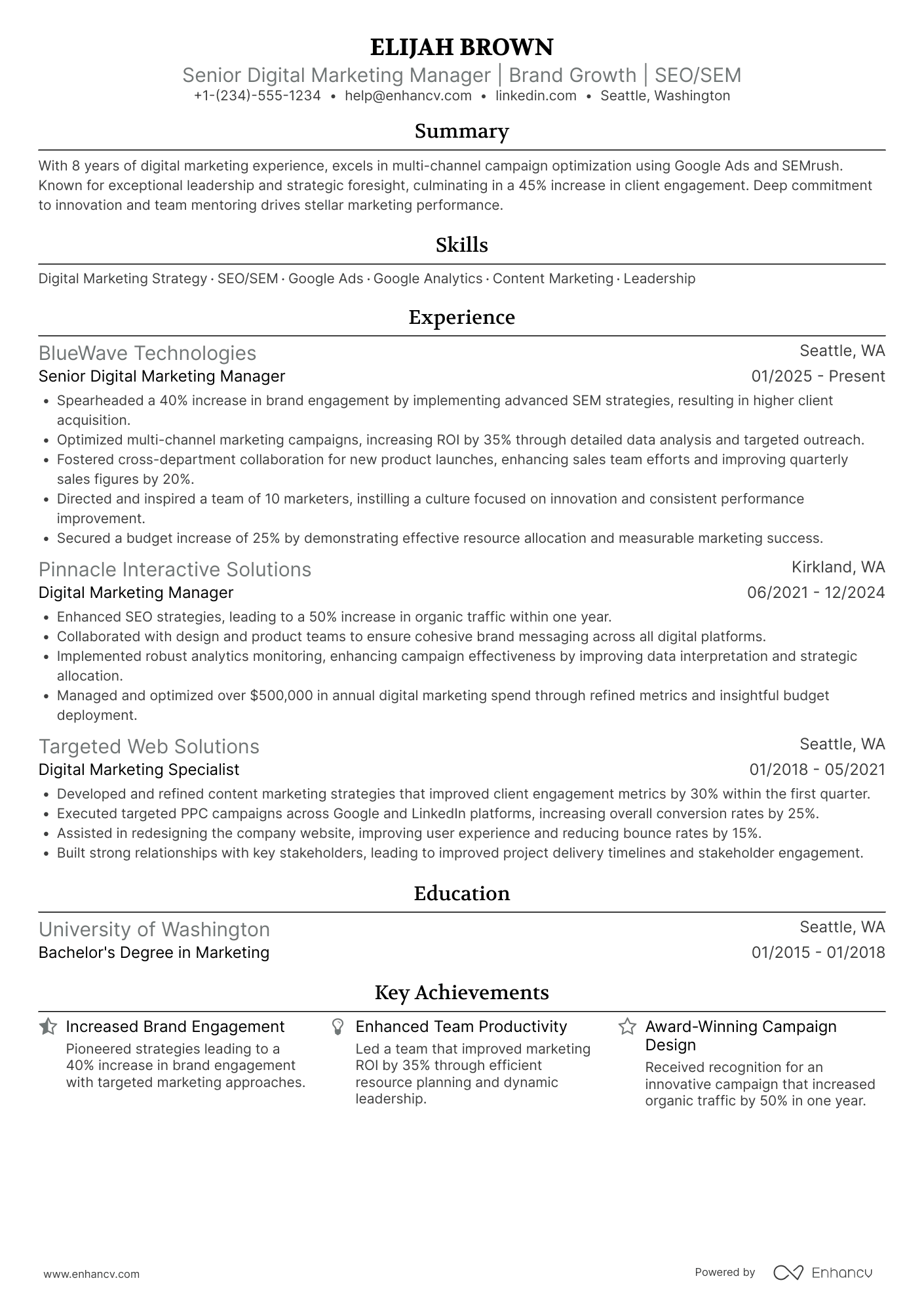 A resume example of a Senior Digital Marketing Manager