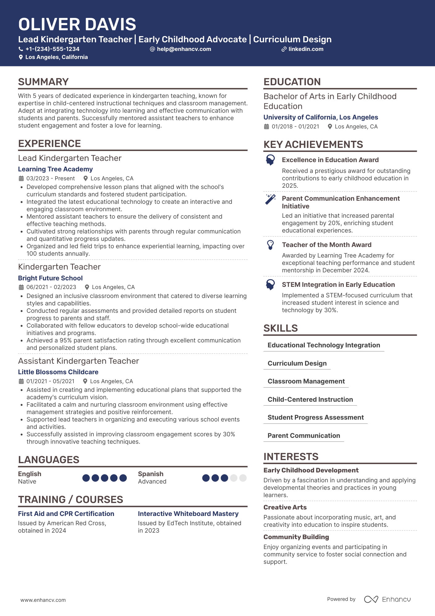 A resume example of a Lead Kindergarten Teacher