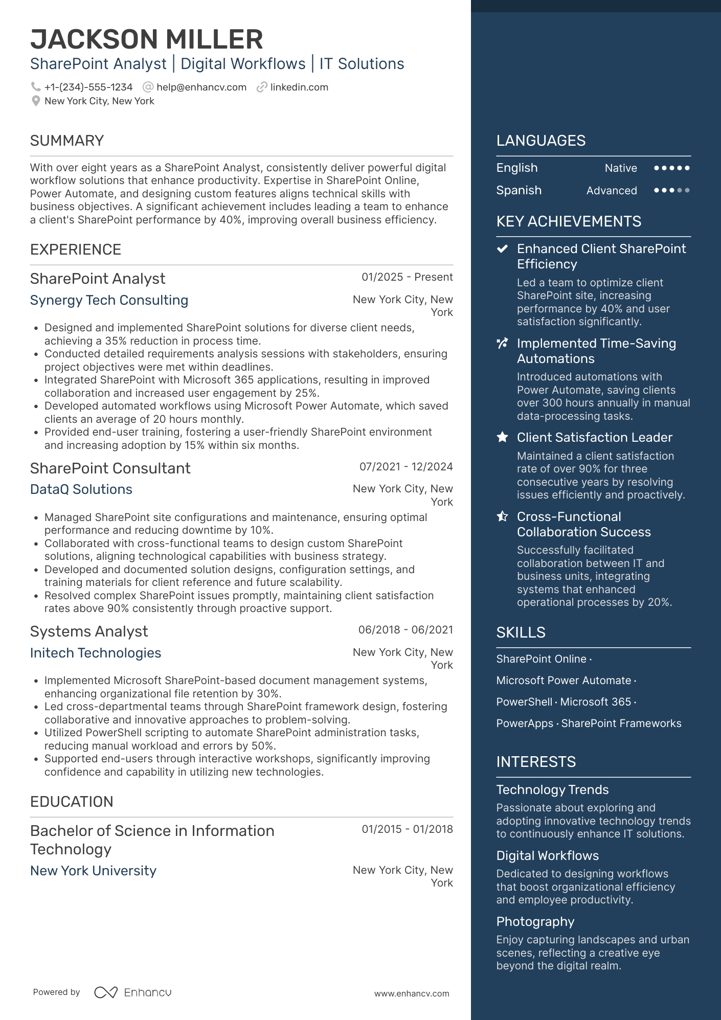 A resume example of a SharePoint Analyst