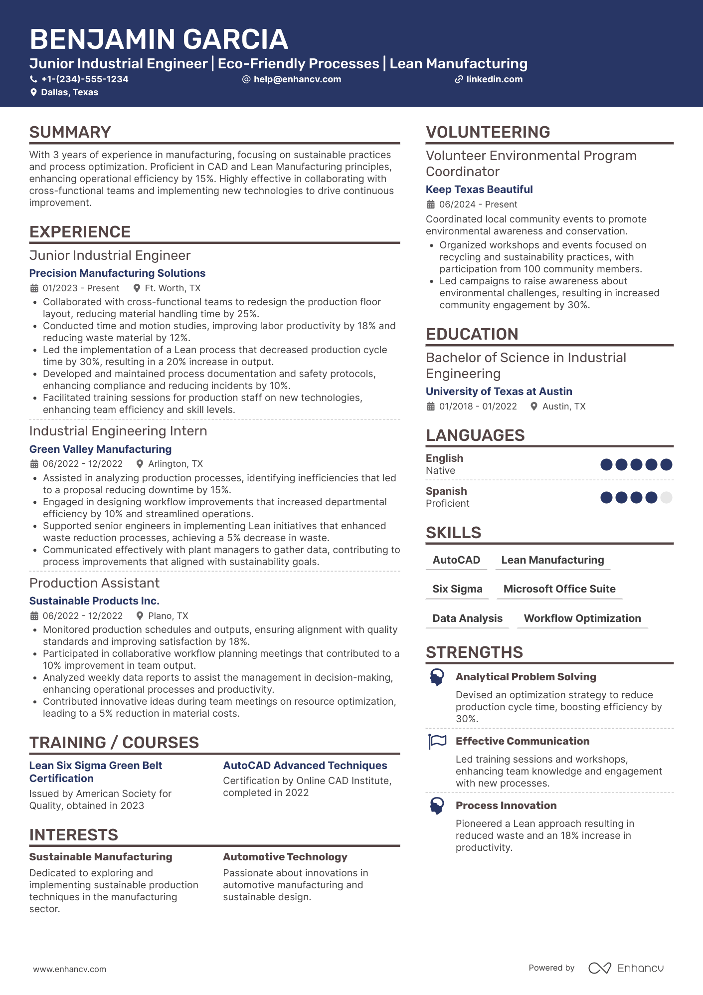 A resume example of a Junior Industrial Engineer