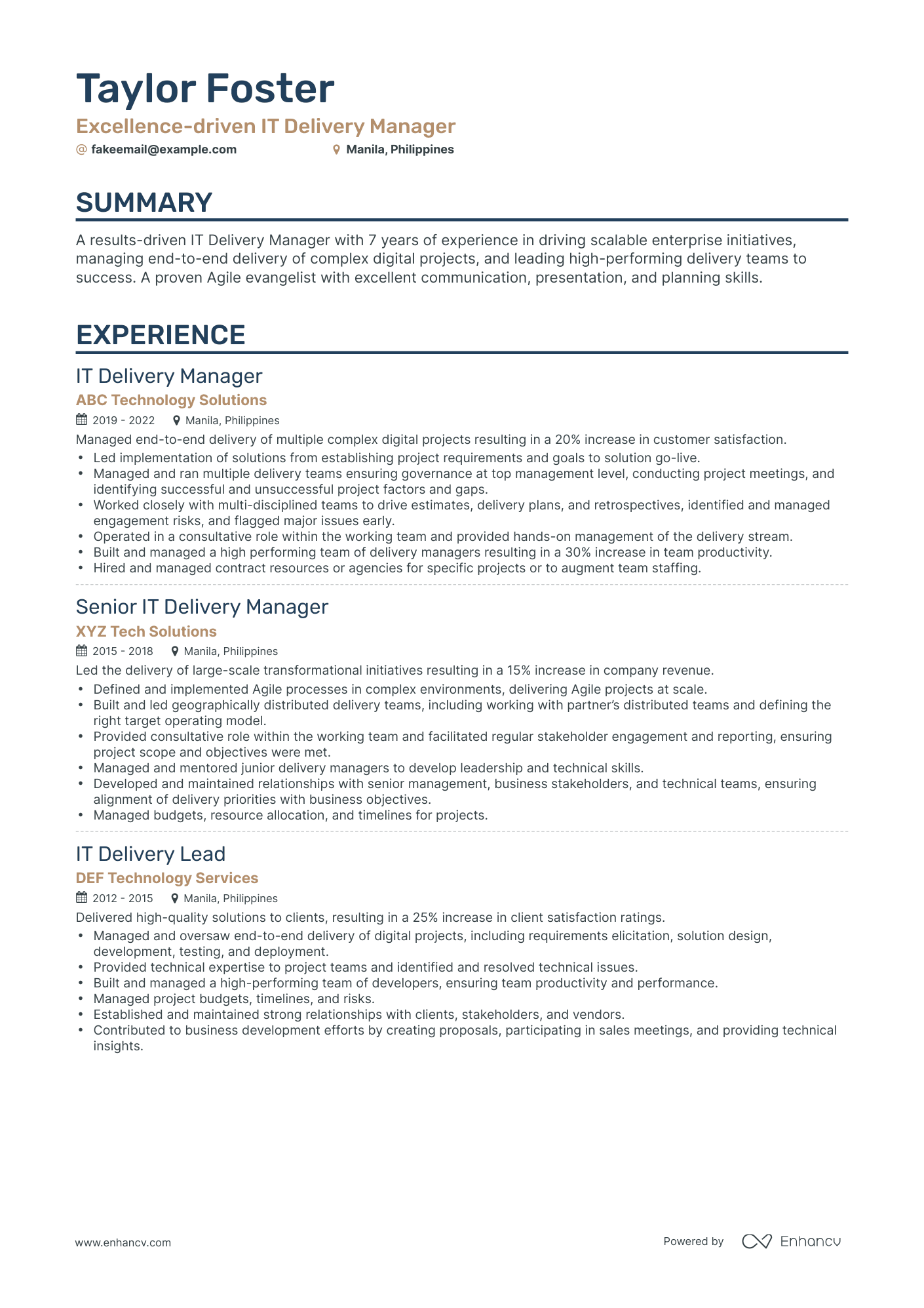Classic IT Delivery Manager Resume Template