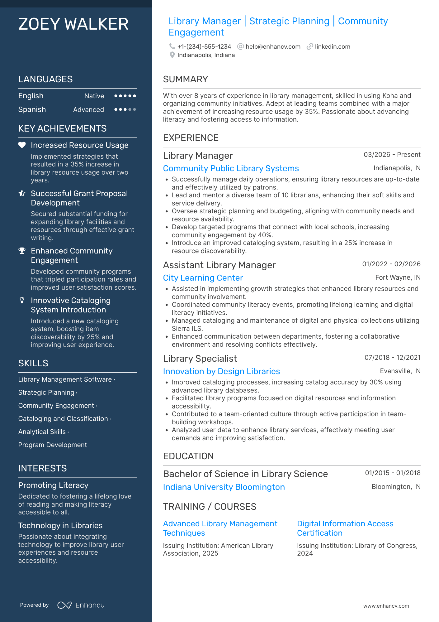 A resume example of a Library Manager