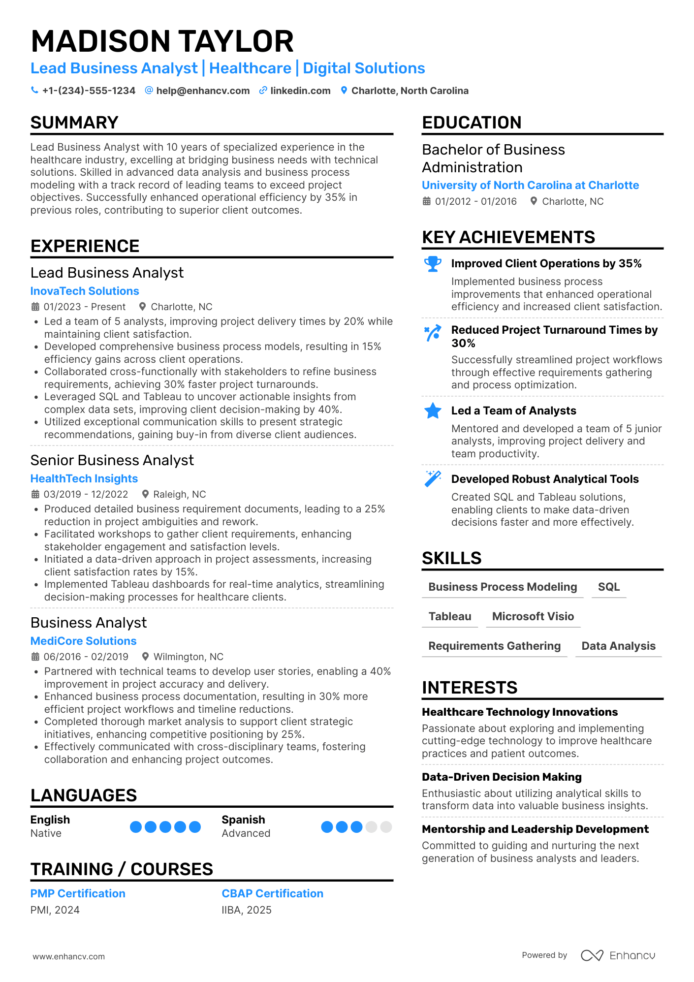 A resume example of a Lead Business Analyst