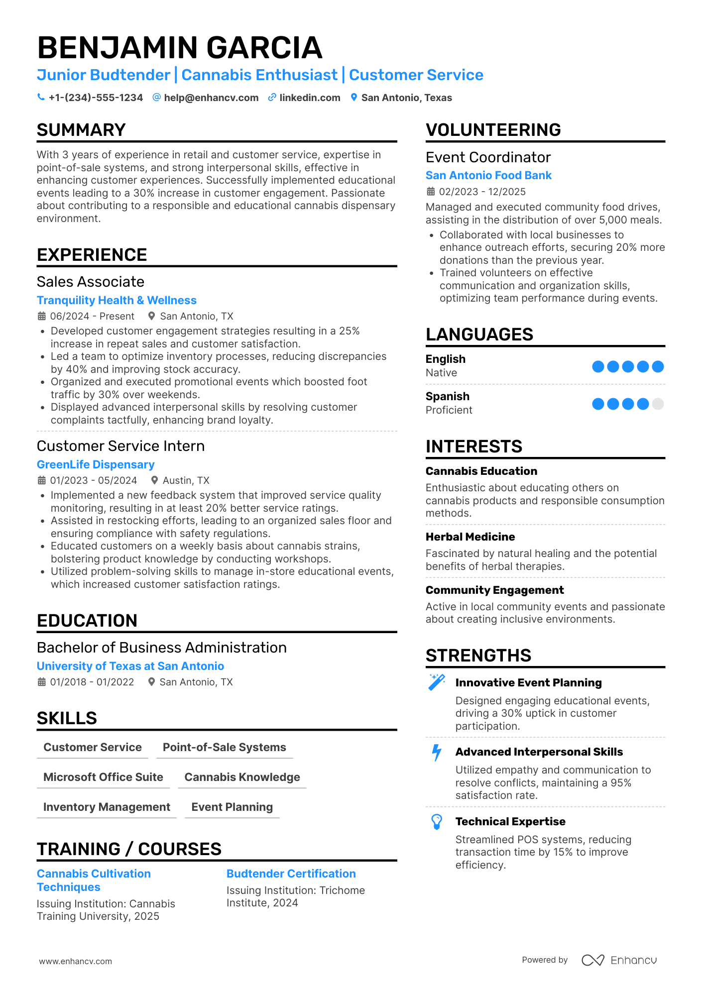 A resume example of a Junior Budtender