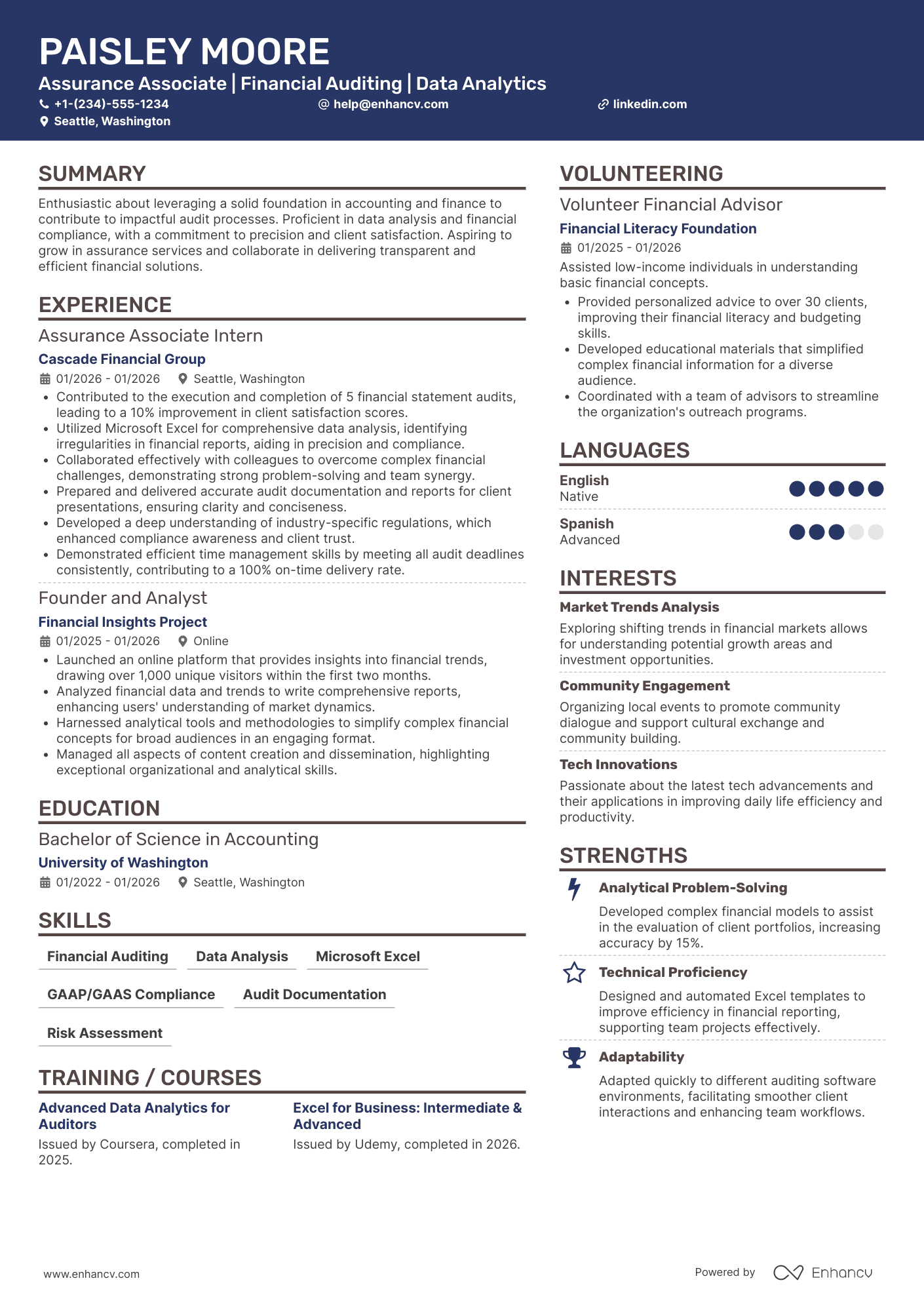 A resume example of a PwC Entry Level Assurance Associate