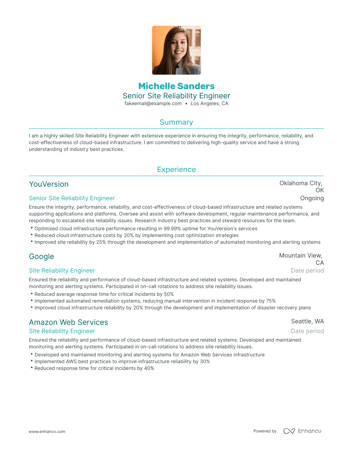 Traditional Site Reliability Engineer Resume Template