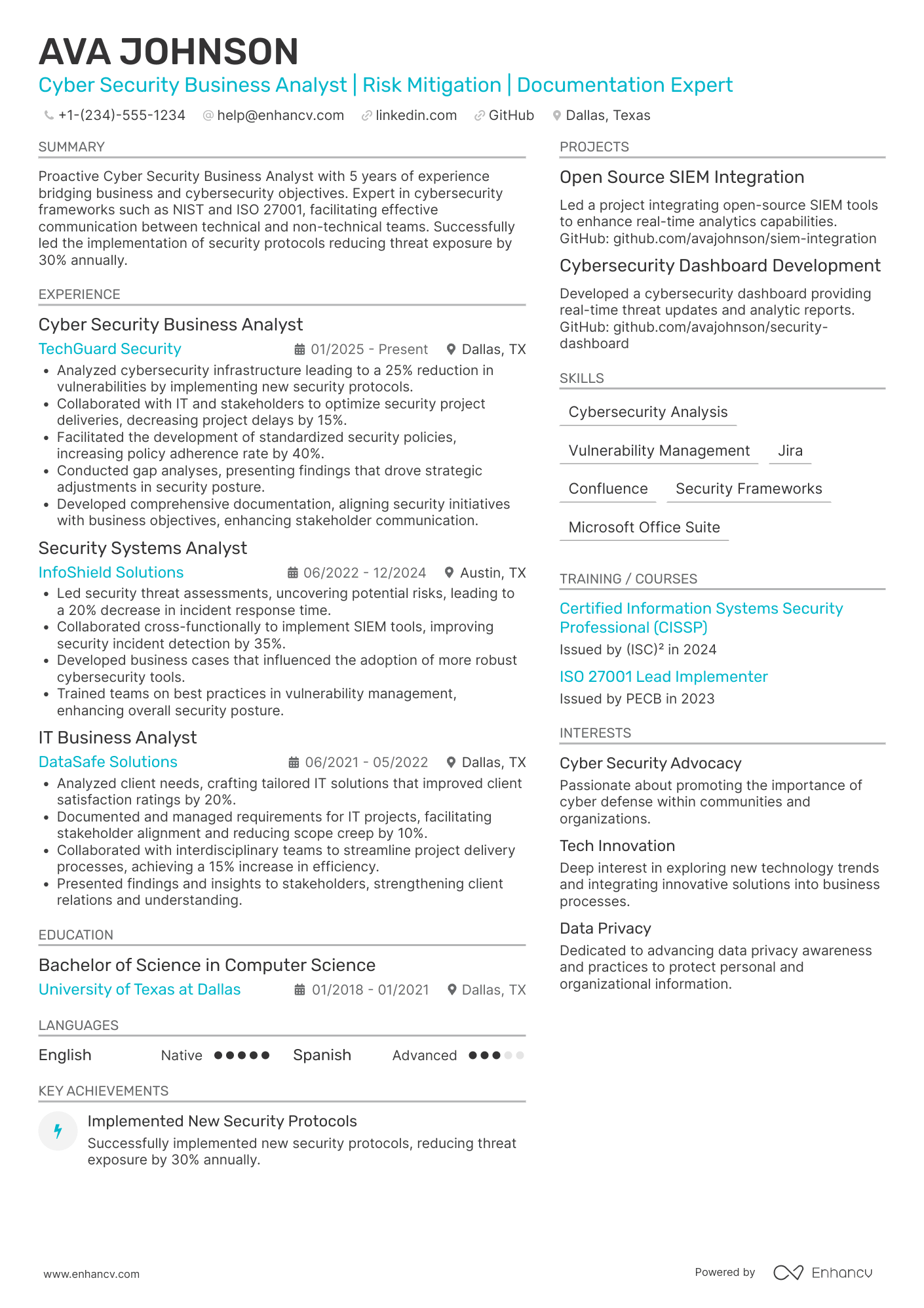 A resume example of a Cyber Security Business Analyst
