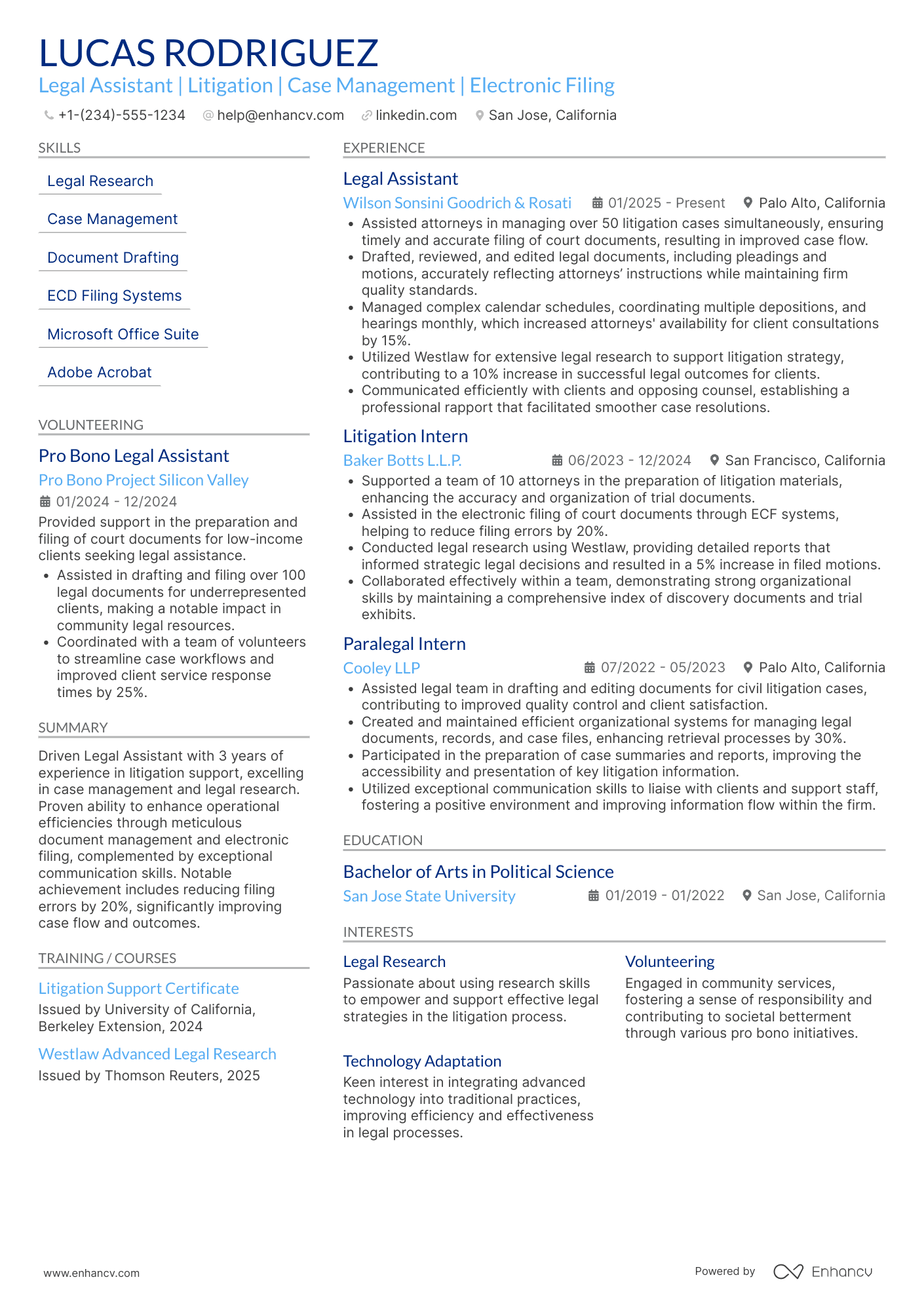 A resume example of a Litigation Legal Assistant