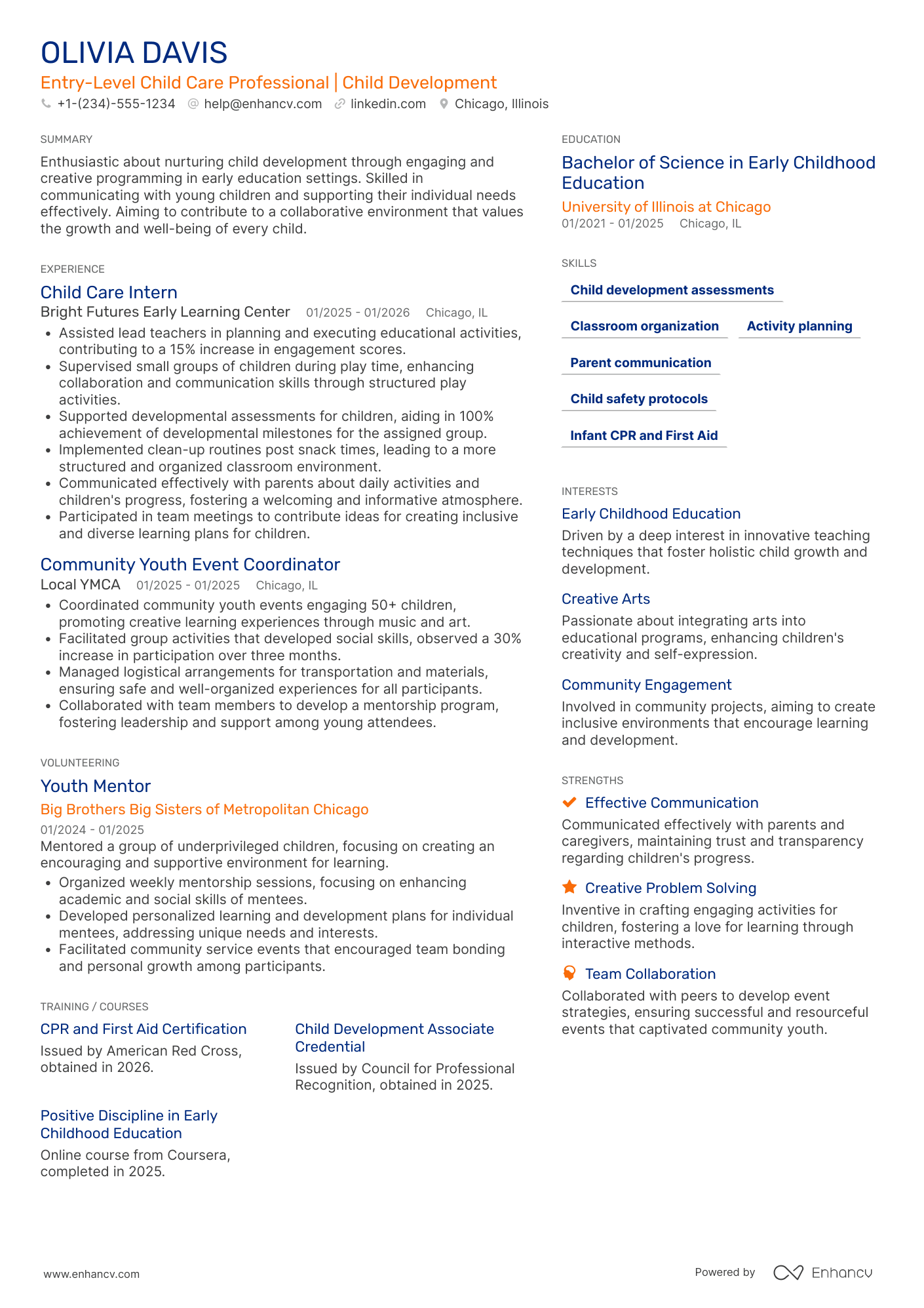 A resume example of a Entry Level Child Care Worker