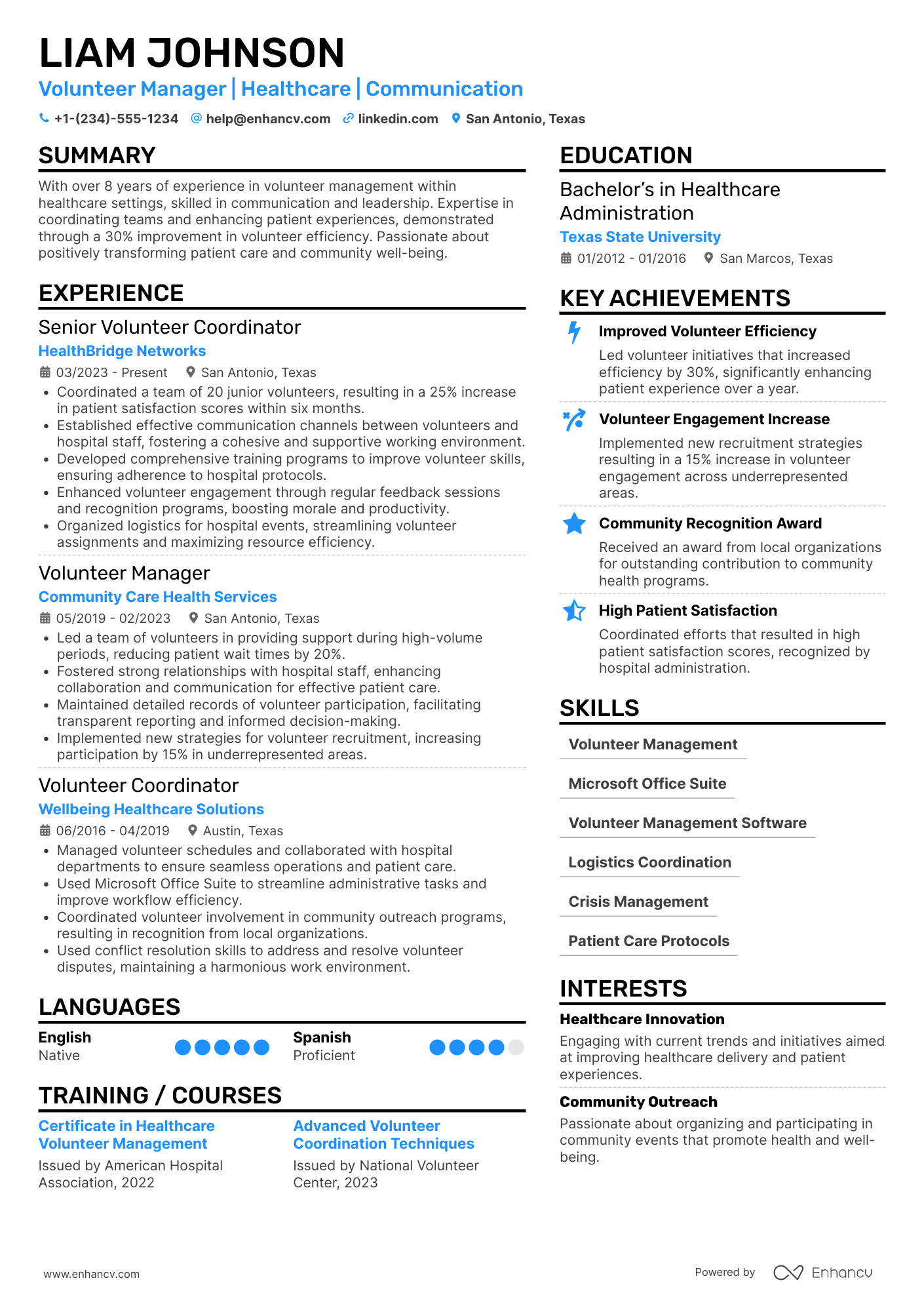 A resume example of a Senior Hospital Volunteer