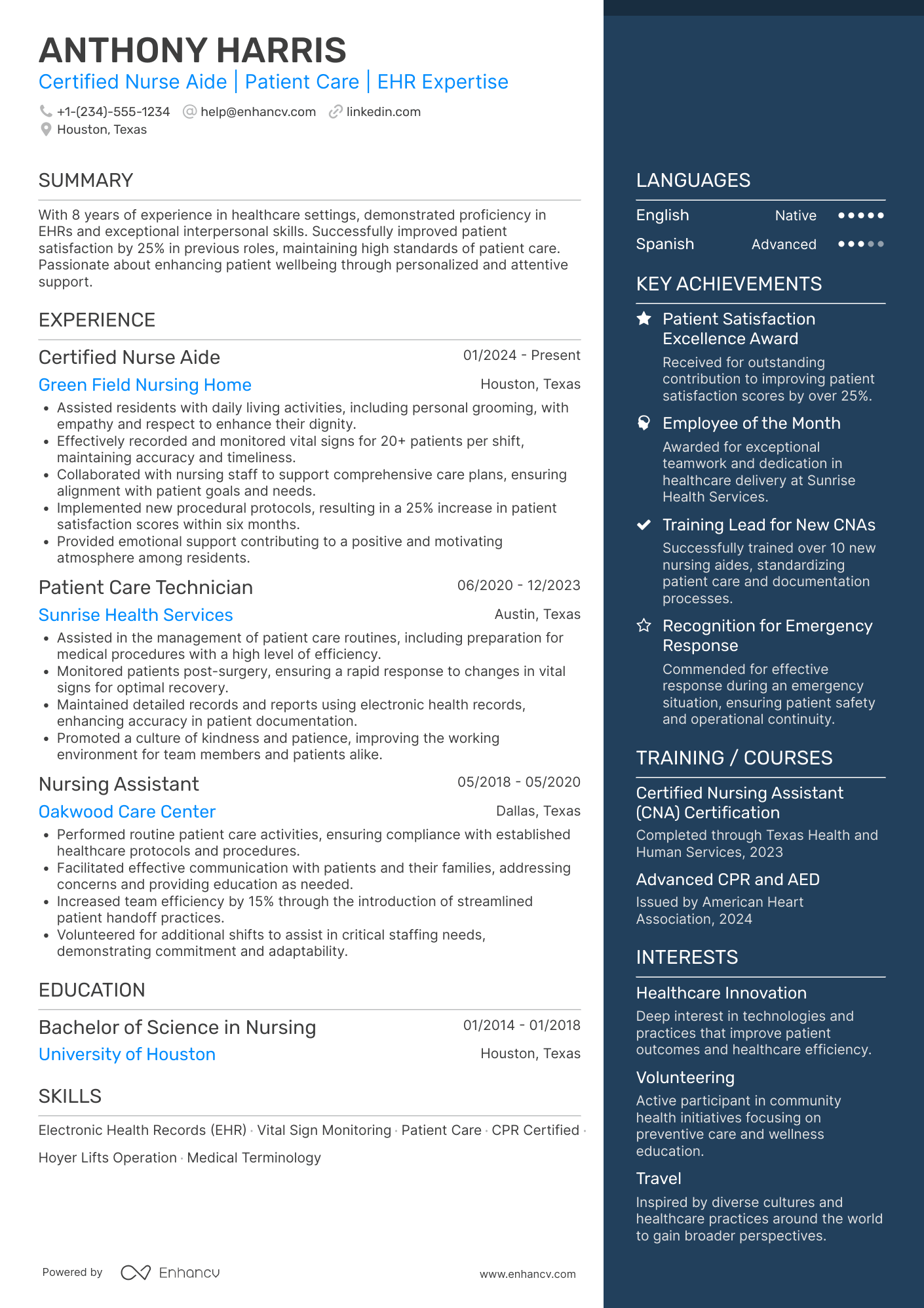 A resume example of a Certified Nurse Aide