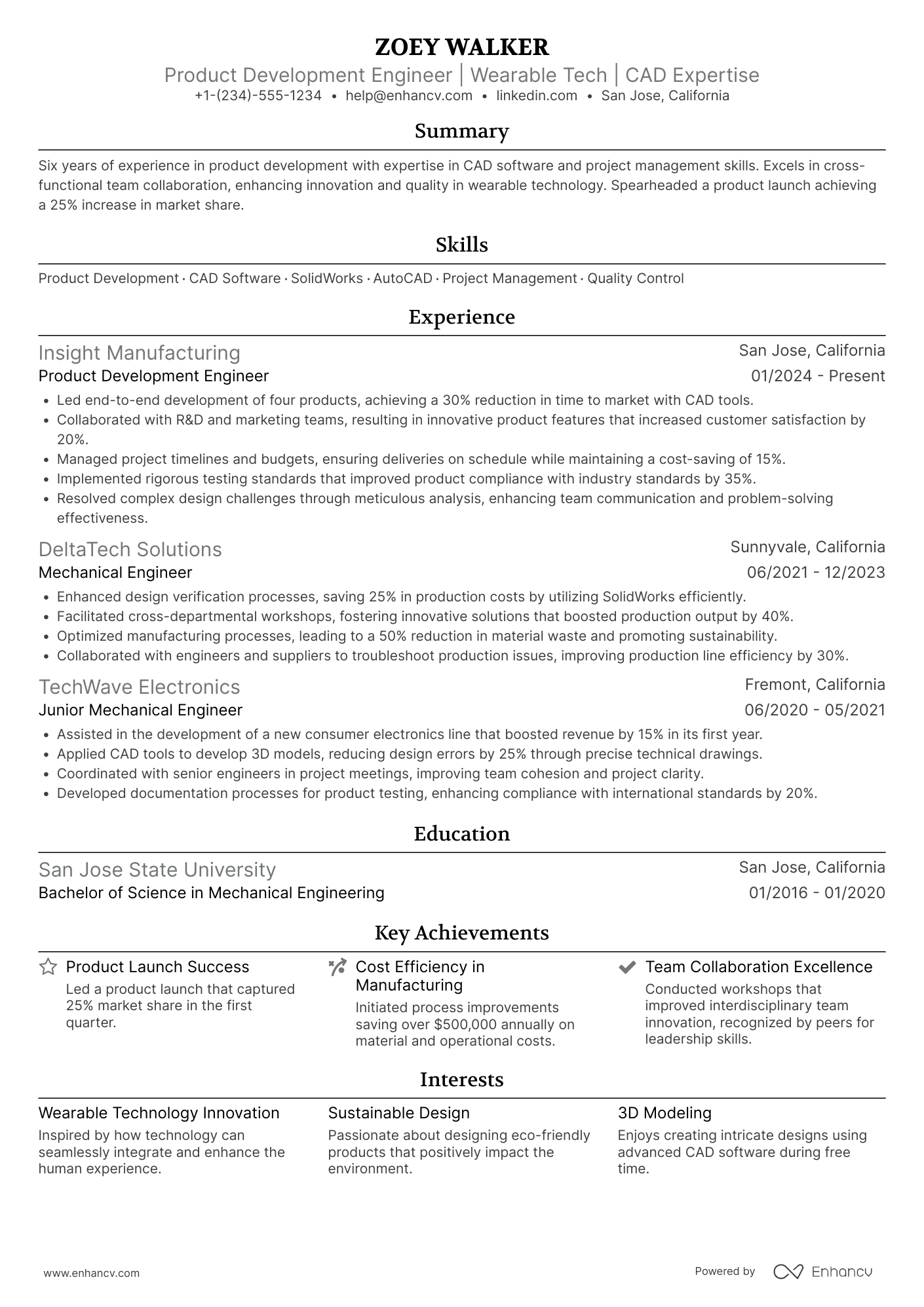 A resume example of a Product Development Engineer