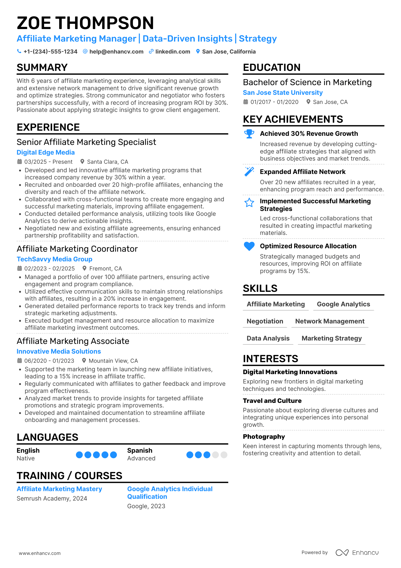 A resume example of a Affiliate Marketing Manager