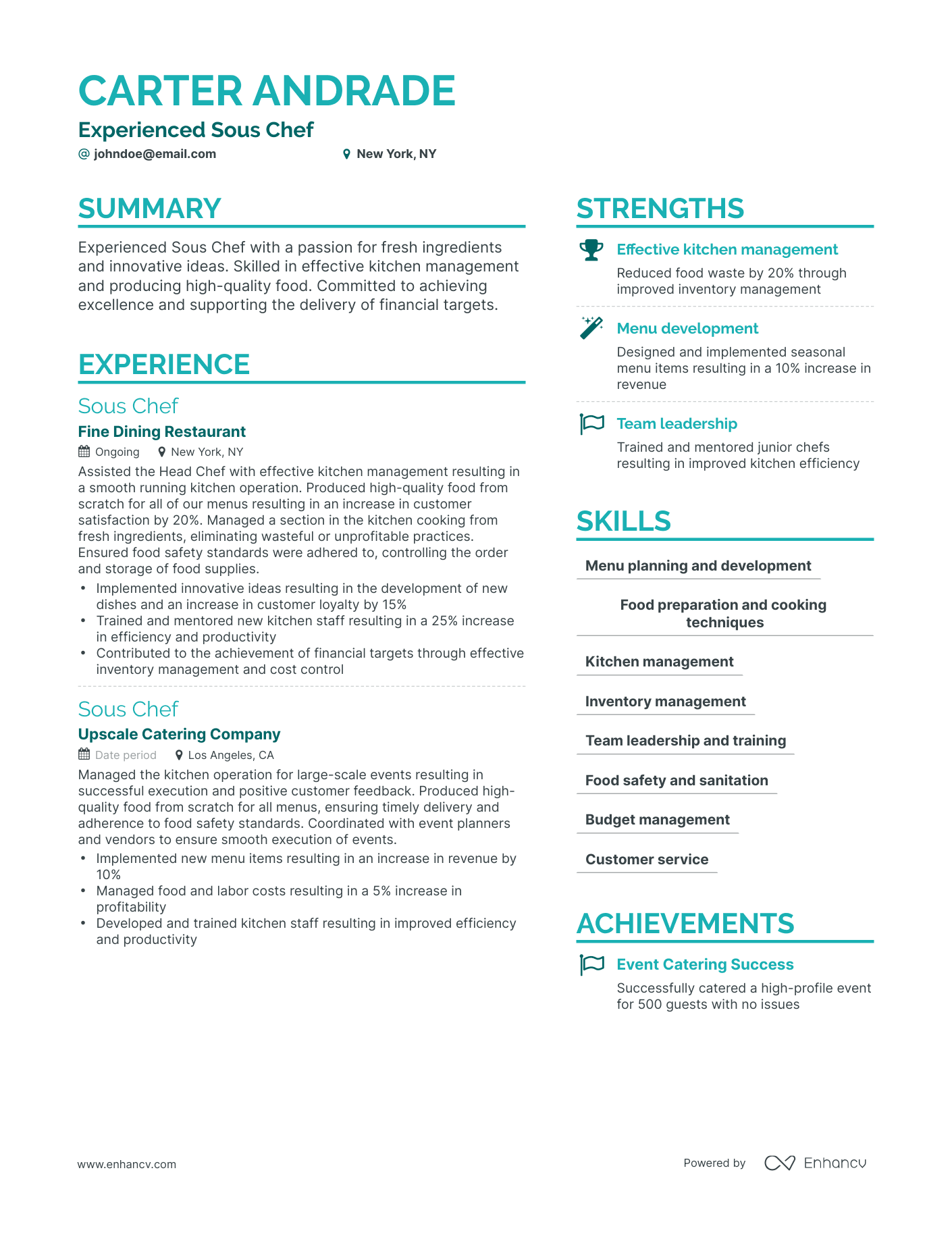 Simple Sous Chef Resume Template