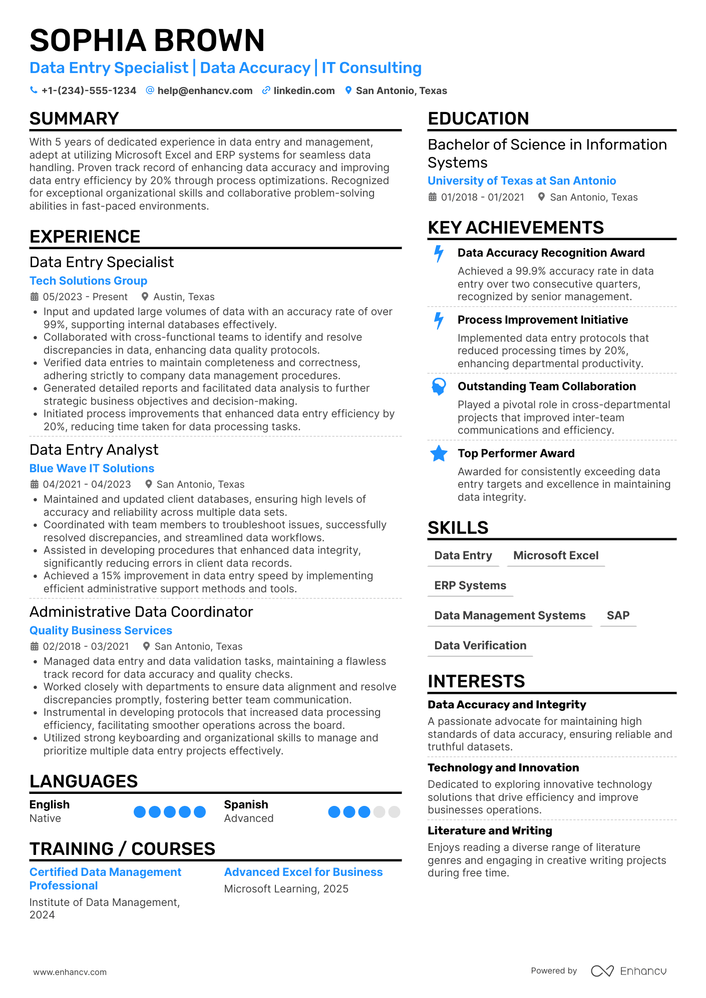 A resume example of a Data Entry Executive