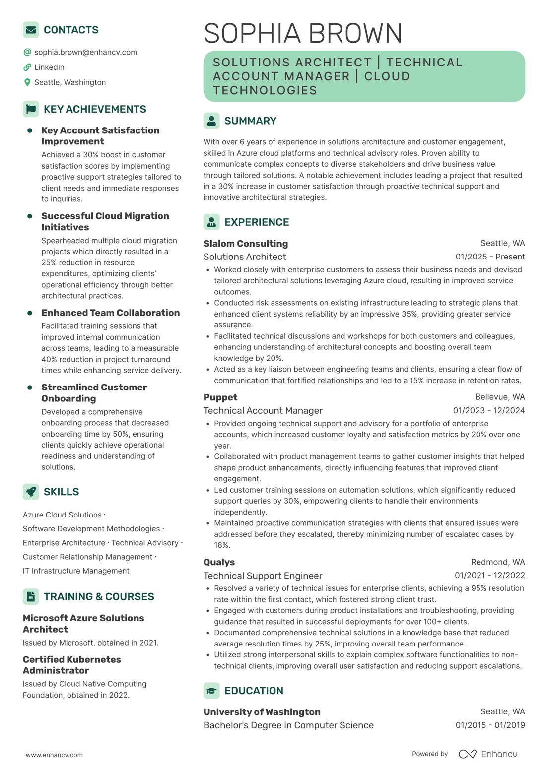 A resume example of a Solutions Architect / Technical Account Manager (E4–E5)