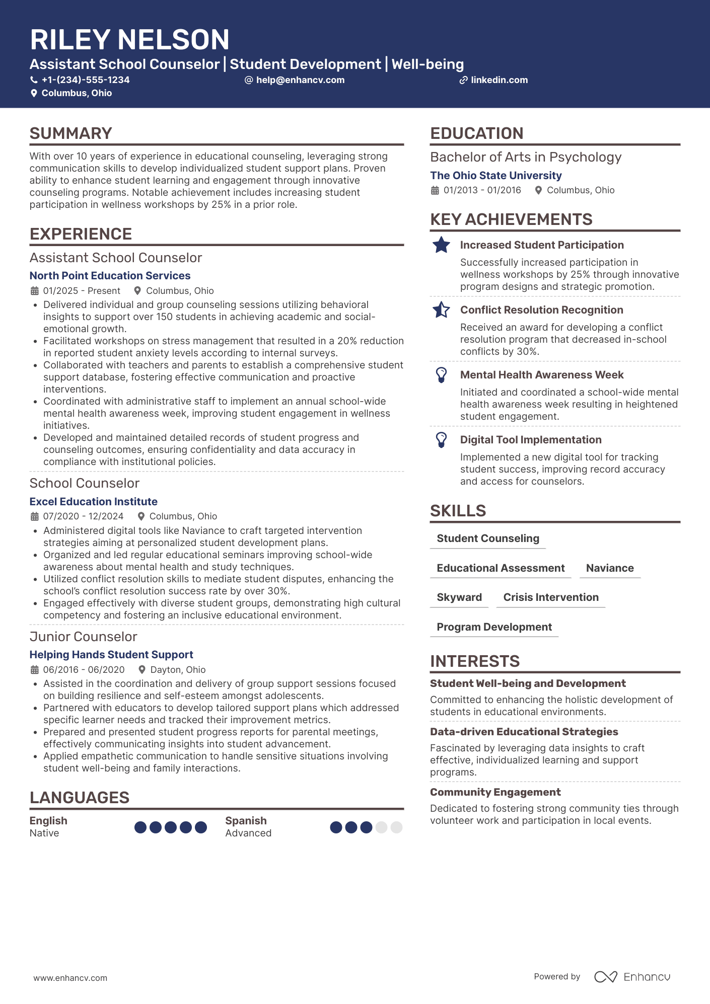 A resume example of a Assistant School Counselor