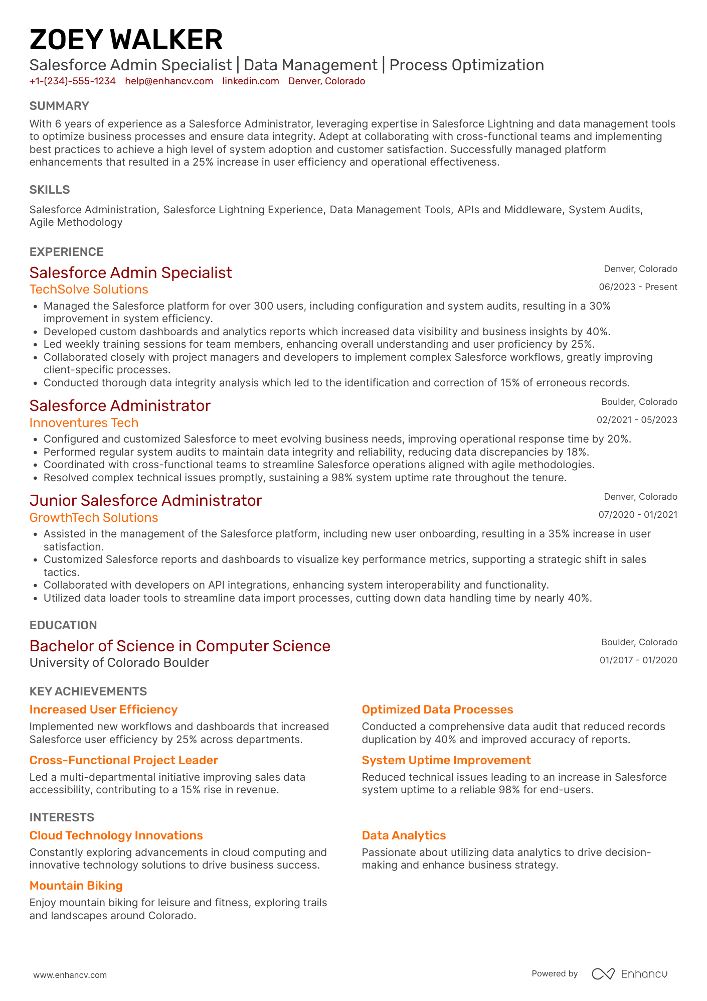 A resume example of a Salesforce Admin Specialist
