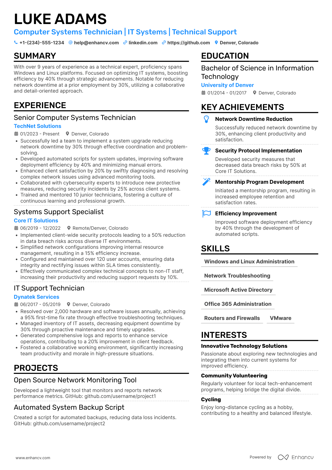 A resume example of a Computer Systems Technician