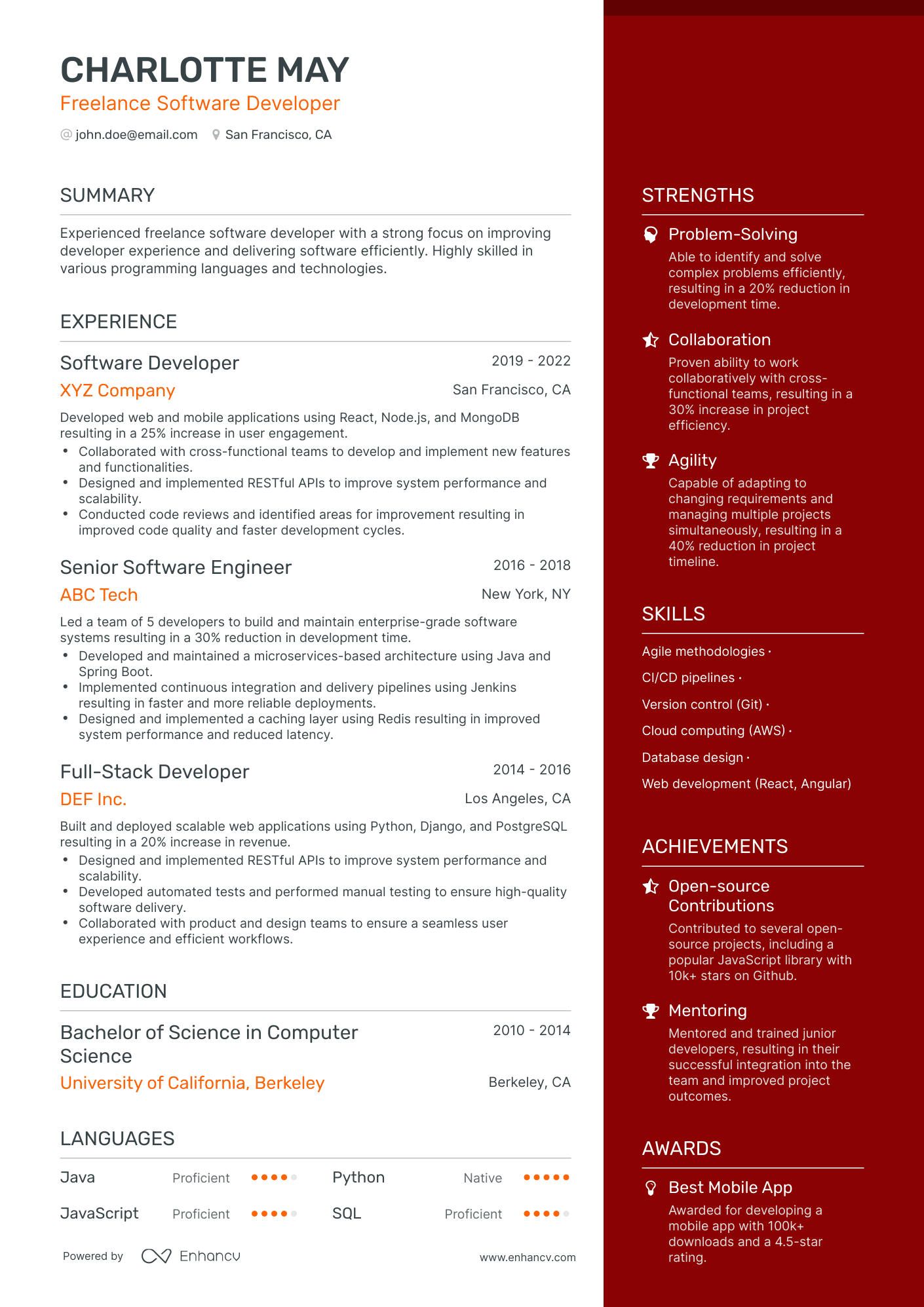 One Page Freelance Software Developer Resume Template