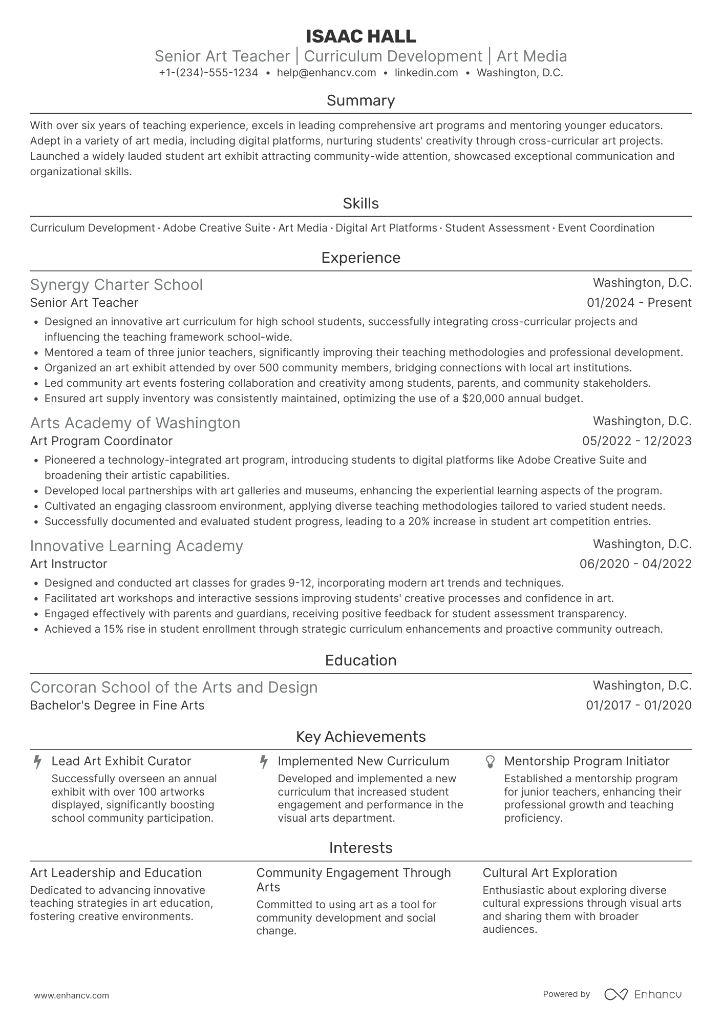 A resume example of a Senior Art Teacher