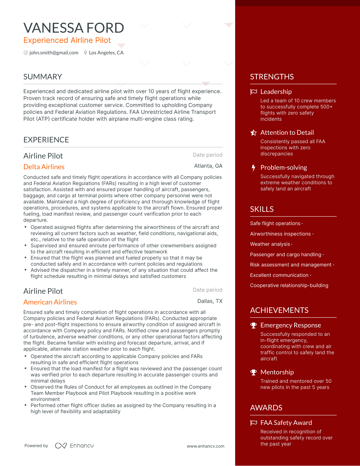 One Page Airline Pilot Resume Template