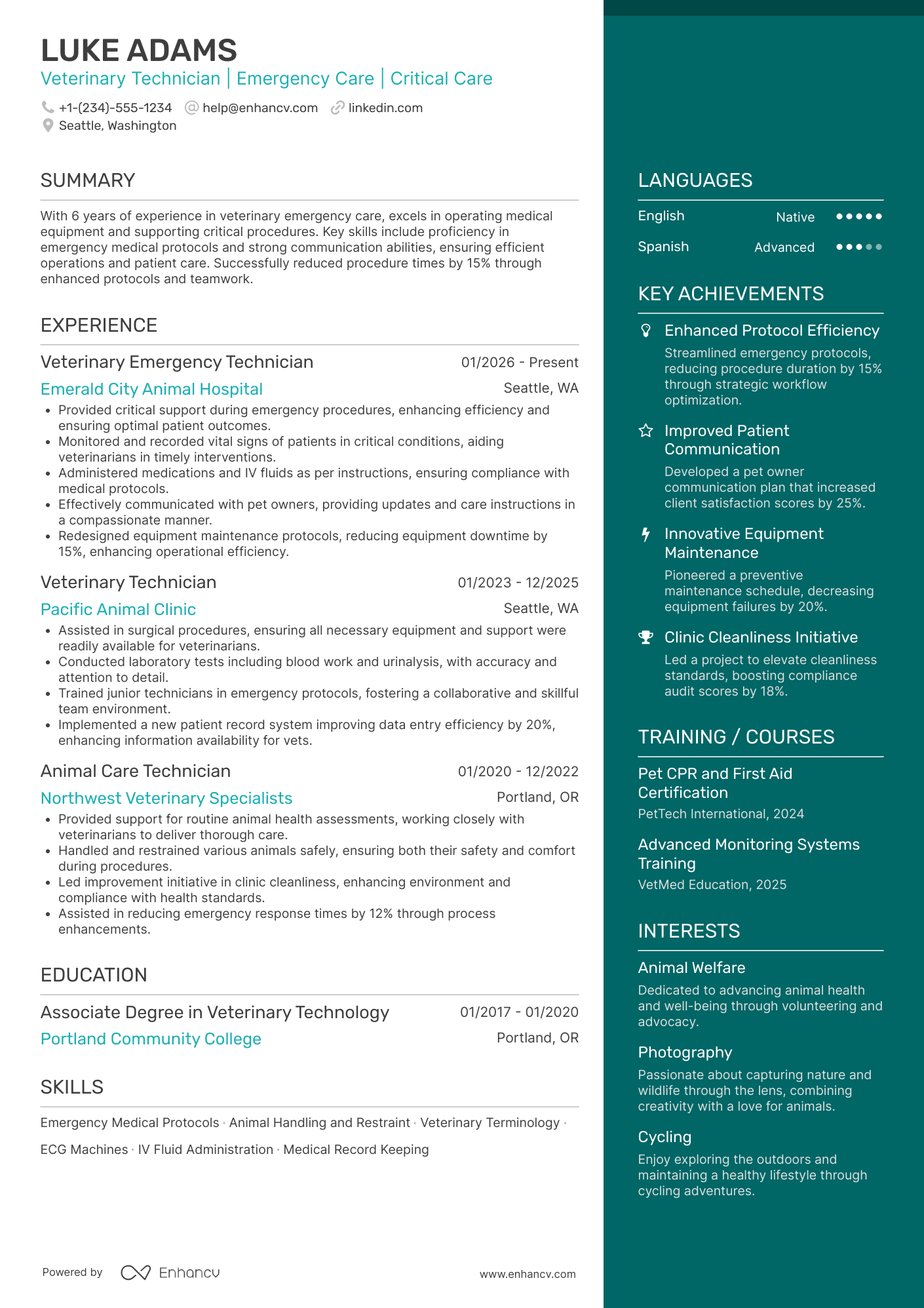 A resume example of a Veterinary Emergency Technician
