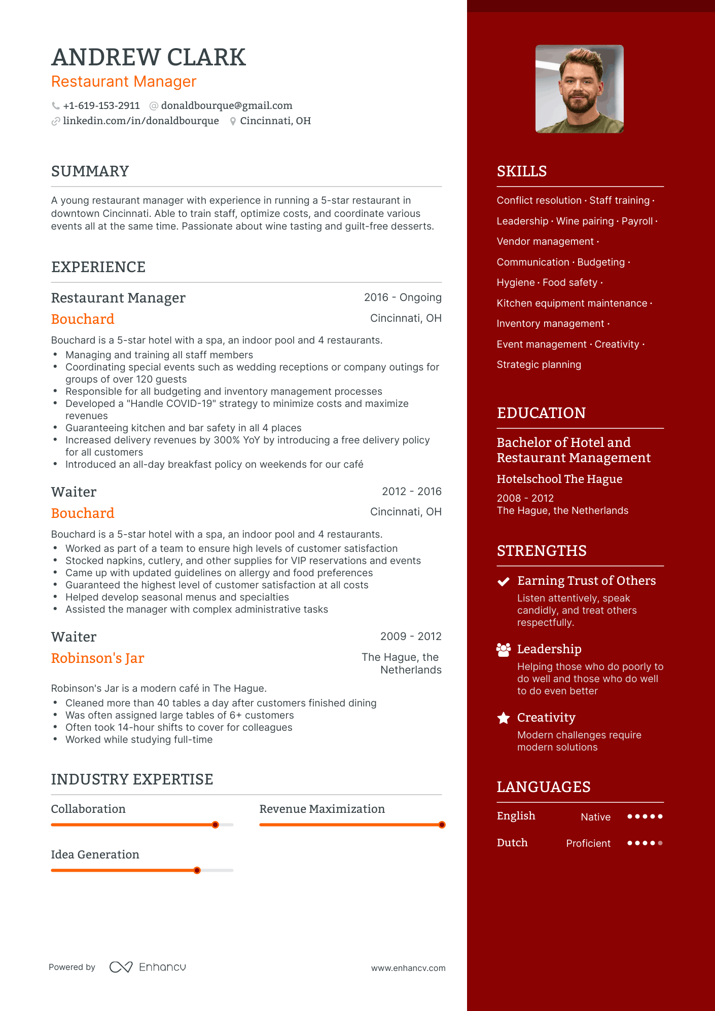 One Page Restaurant Manager Resume Template
