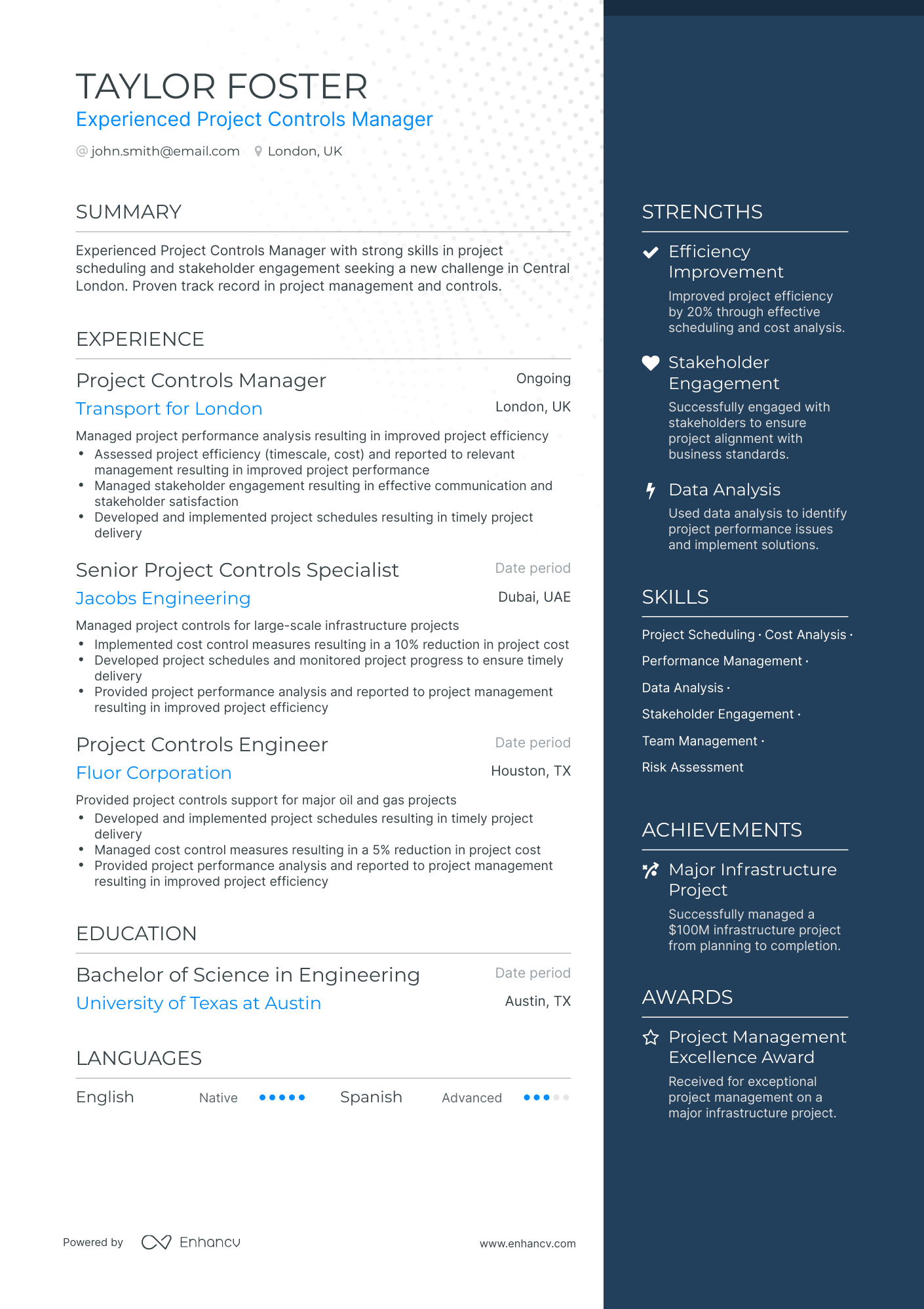 One Page Project Controls Manager Resume Template