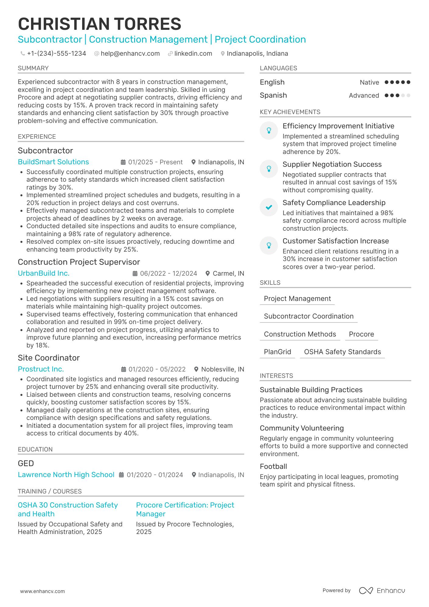 A resume example of a Subcontractor