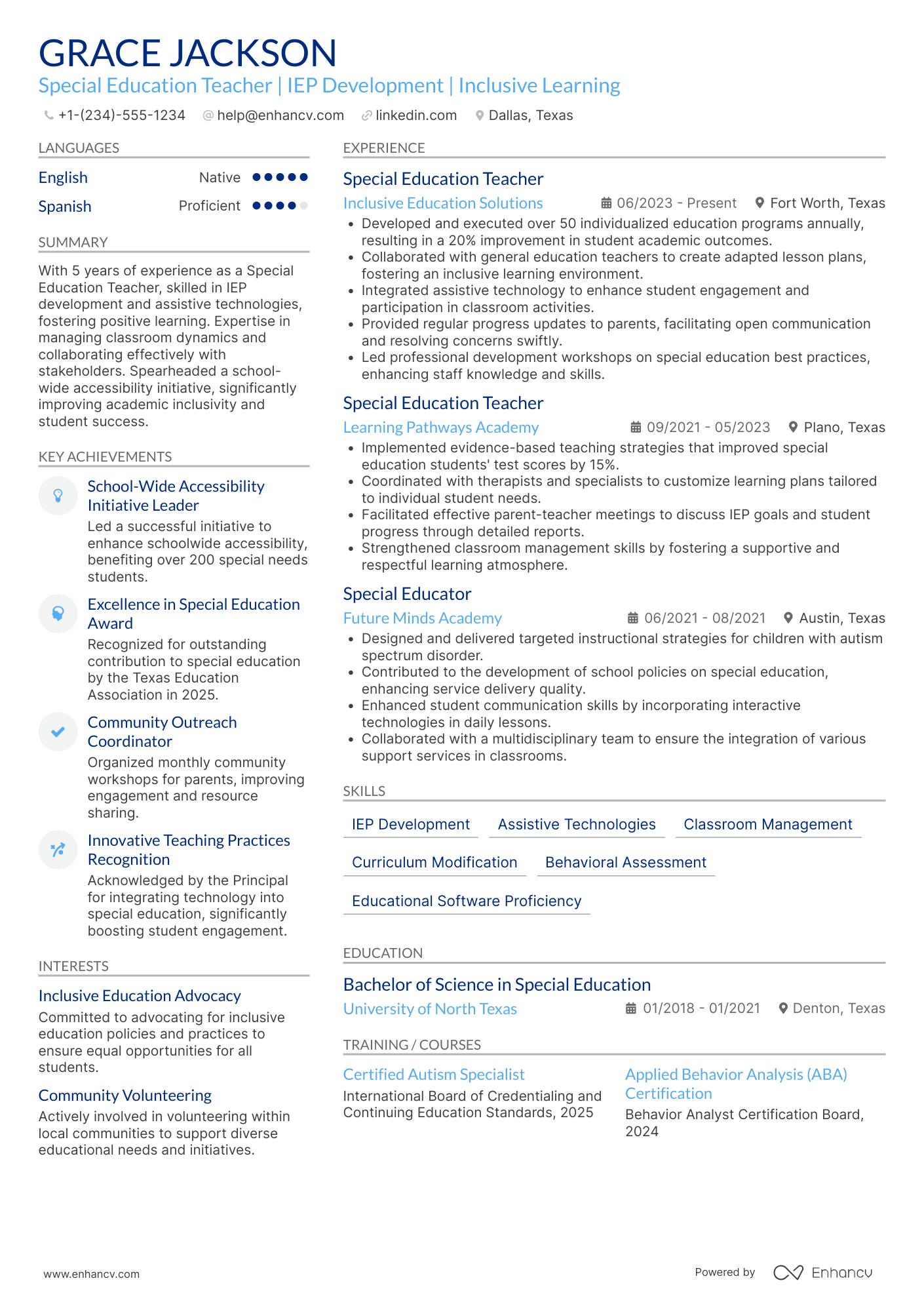 A resume example of a Special Education Teacher for Elementary School