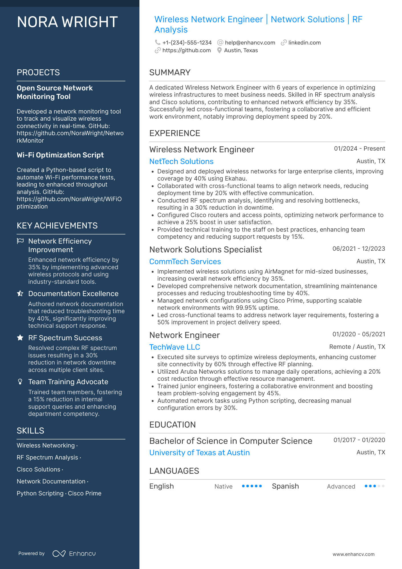 A resume example of a Wireless Network Engineer