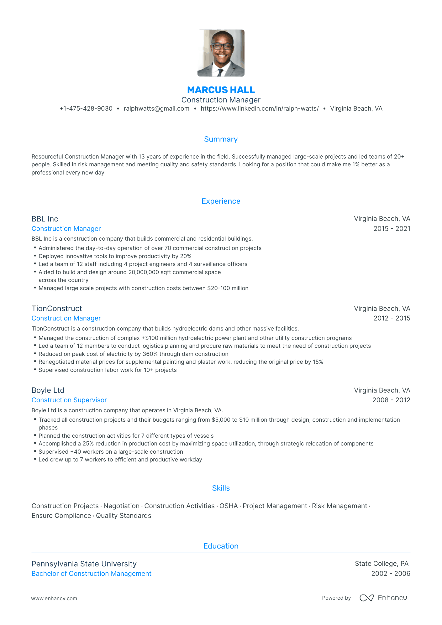 Traditional Construction Manager Resume Template