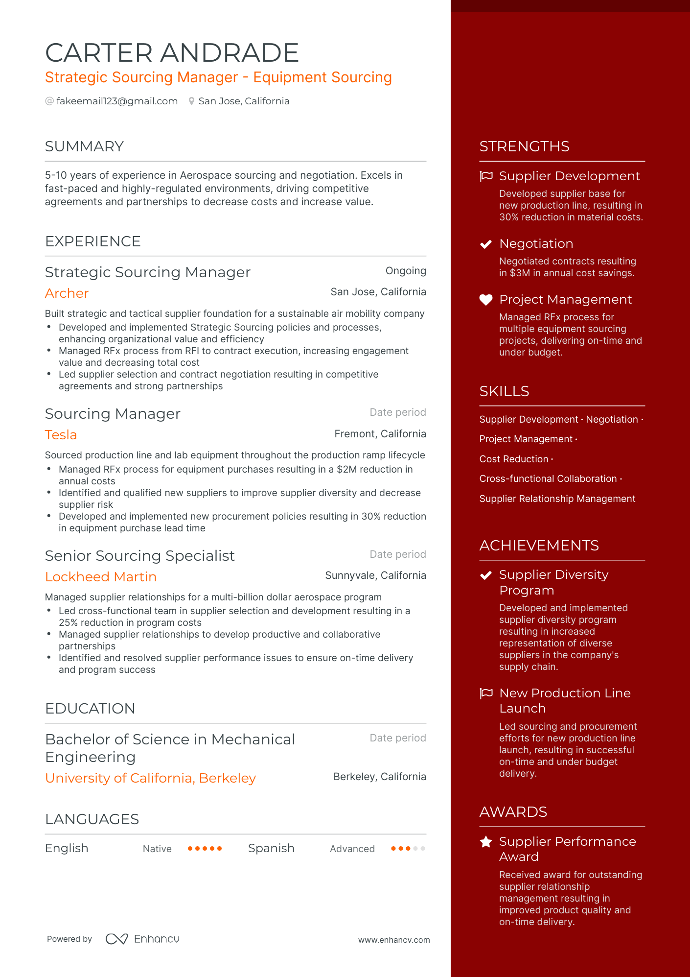One Page Strategic Sourcing Manager Resume Template