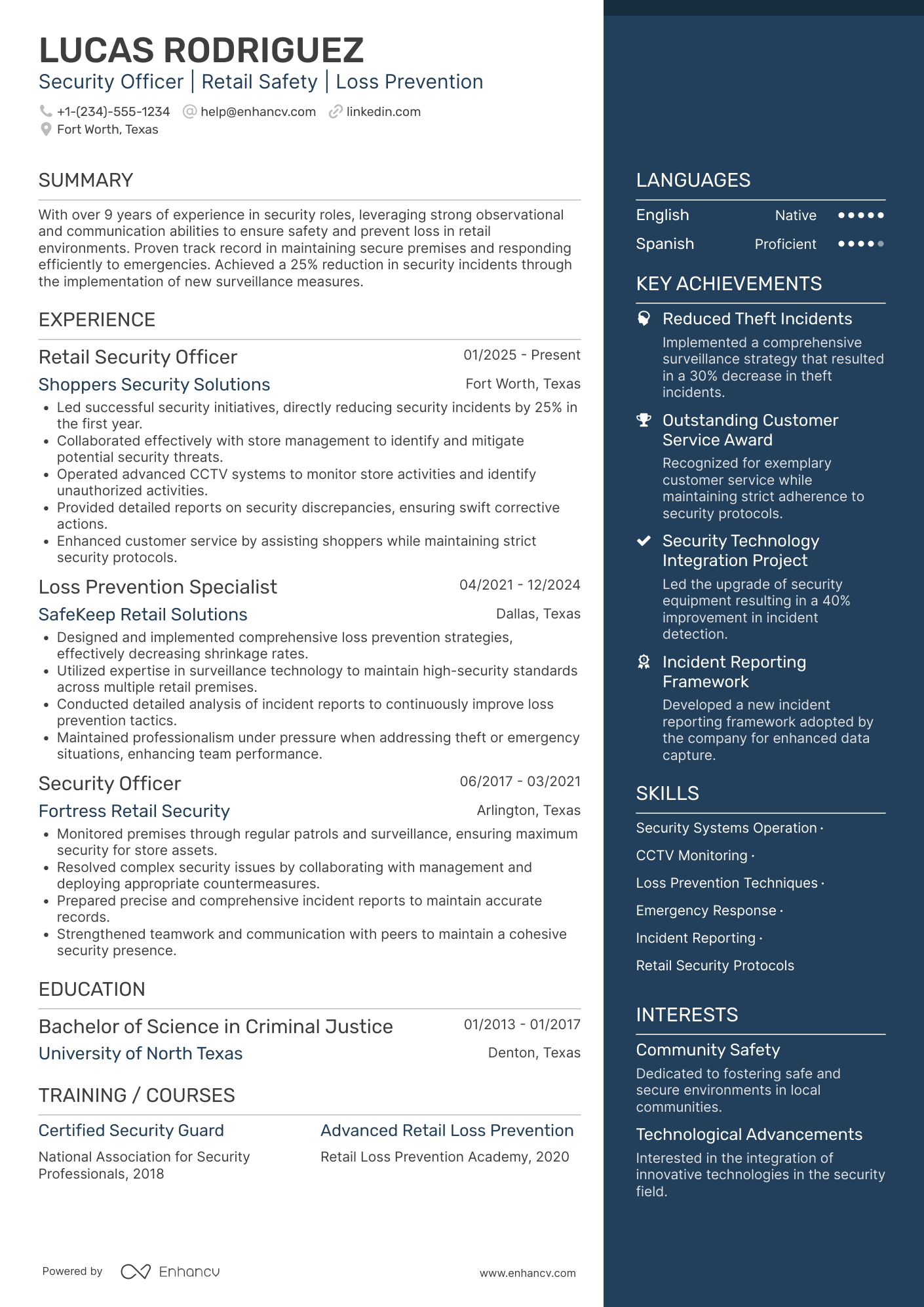 A resume example of a Retail Security Officer