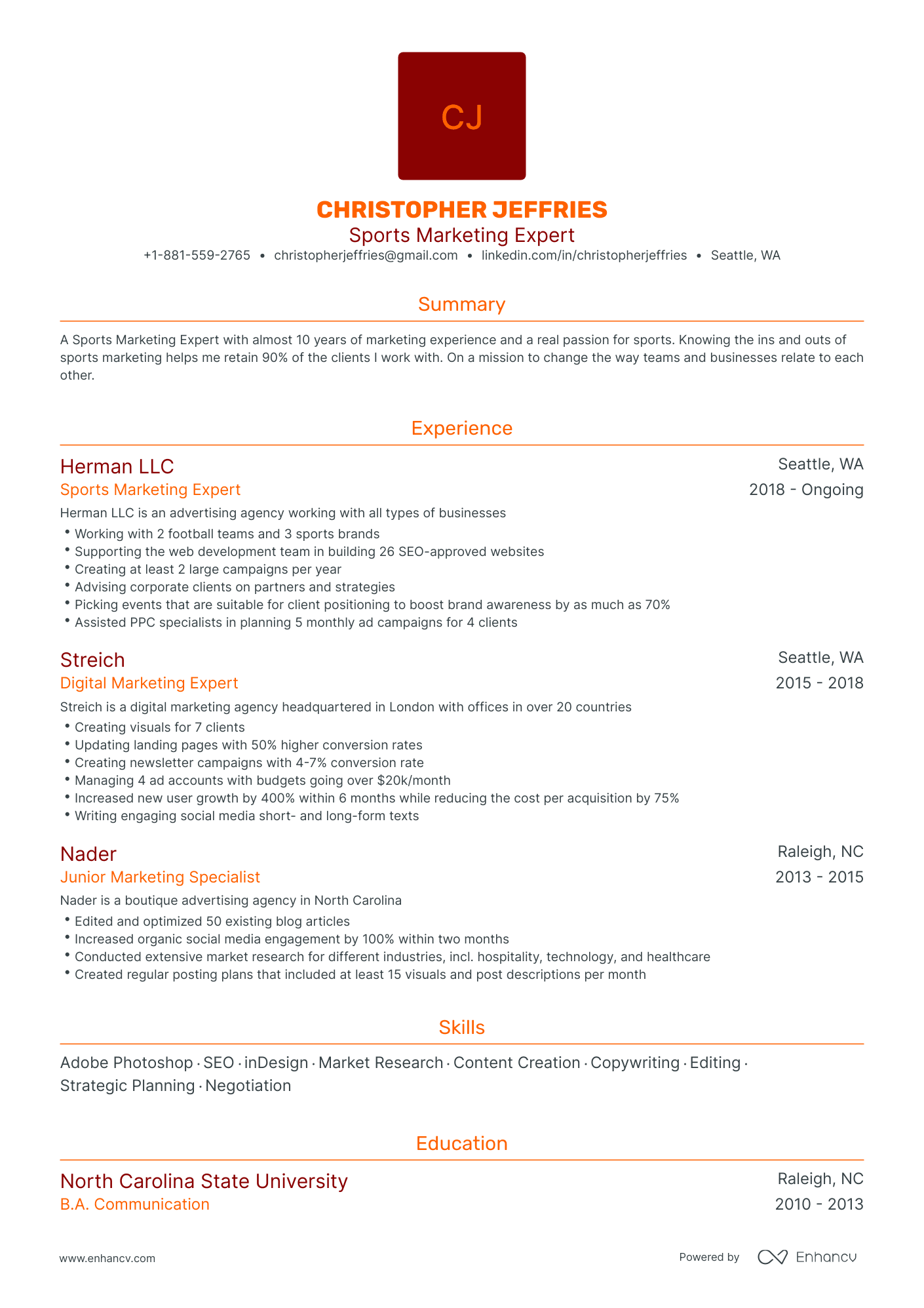 Traditional Sports Marketing Resume Template