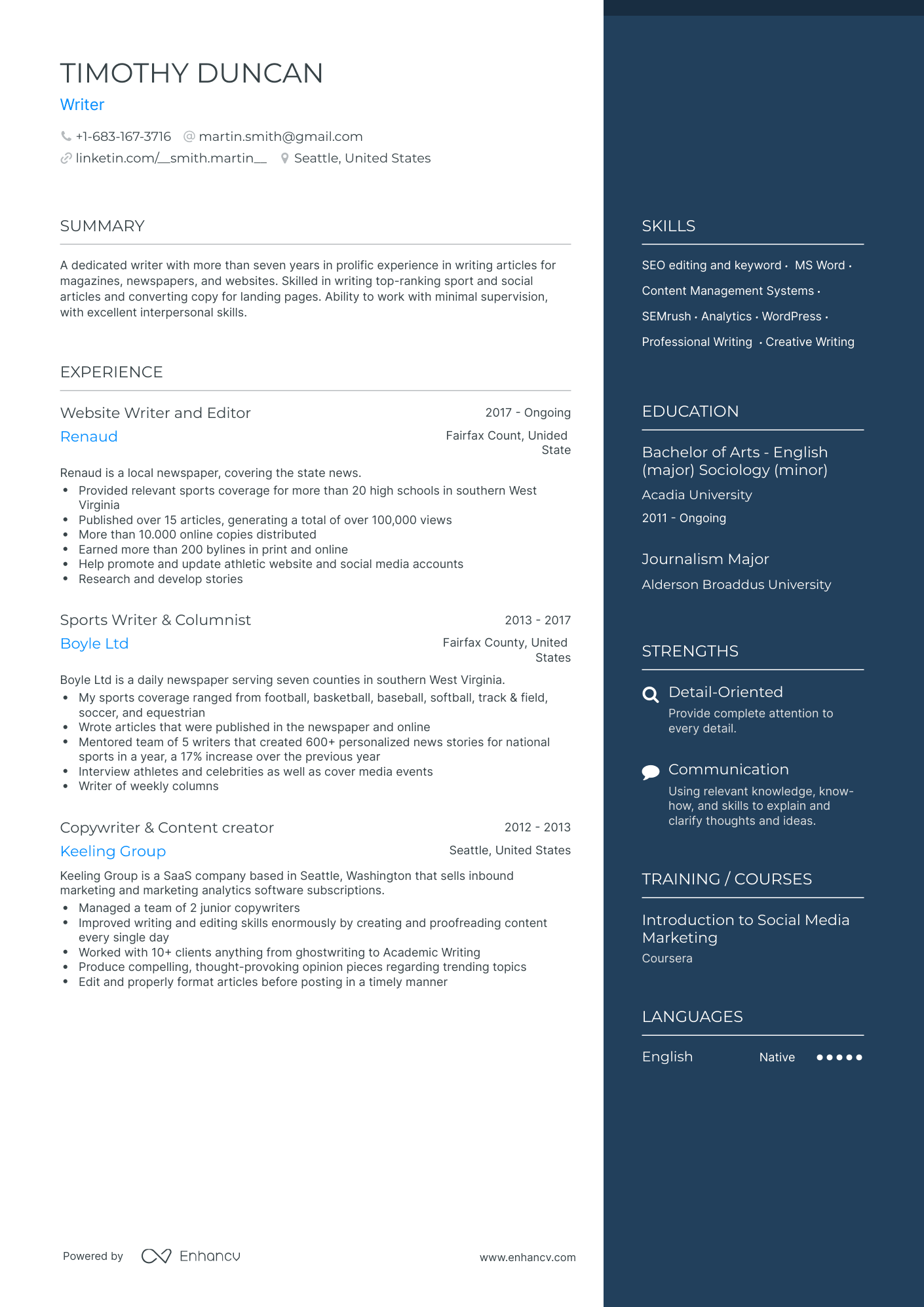 One Page Writer Resume Template