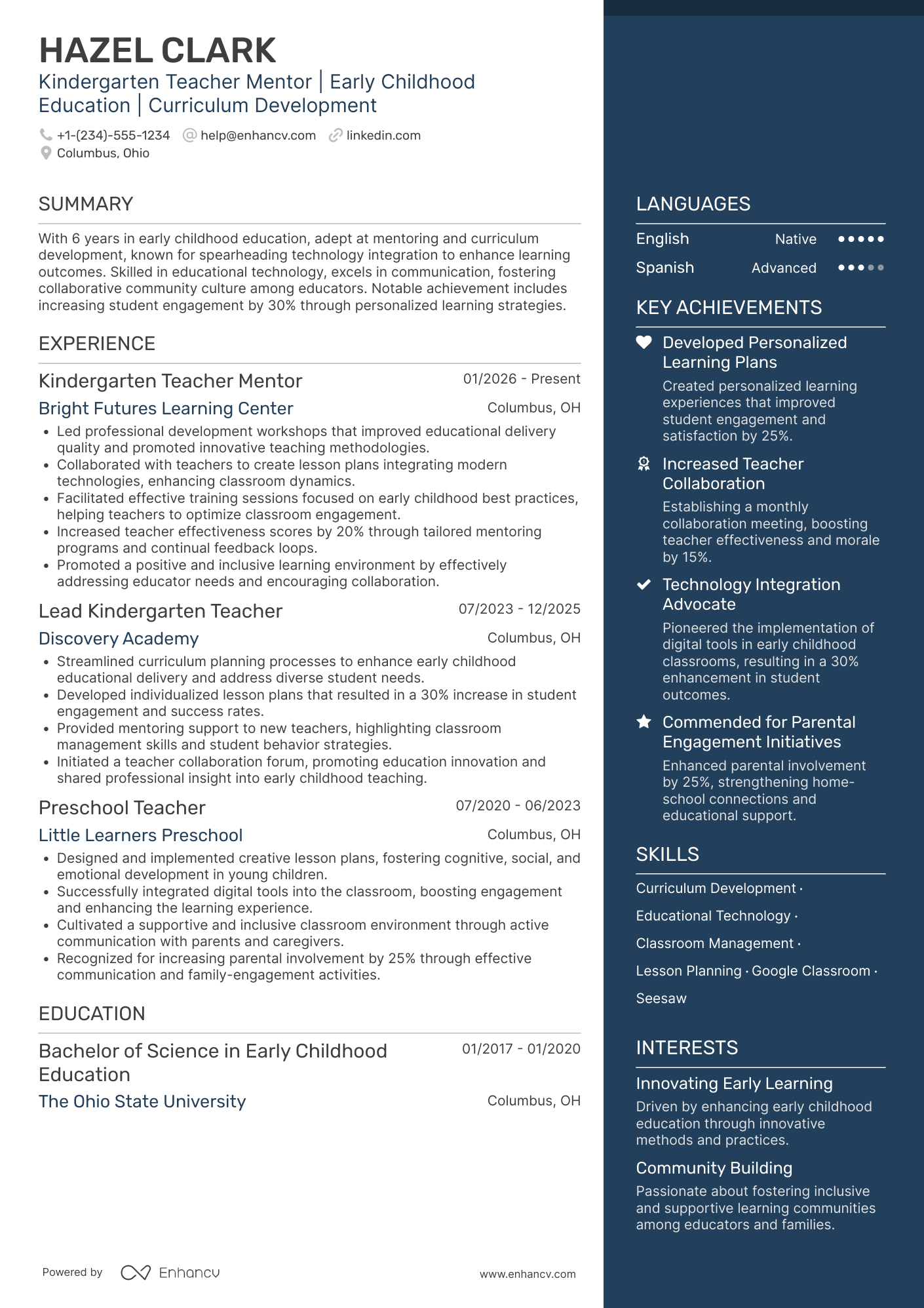 A resume example of a Kindergarten Teacher Mentor