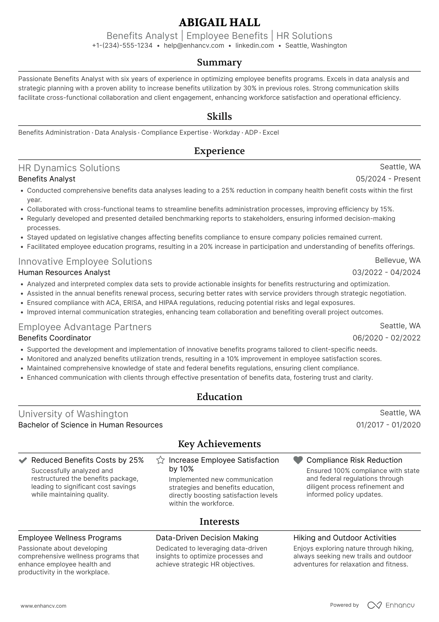 A resume example of a Benefits Analyst